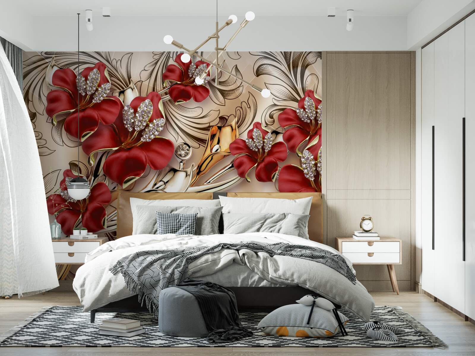 Fototapeta złota biżuteria z czerwonymi pąkami