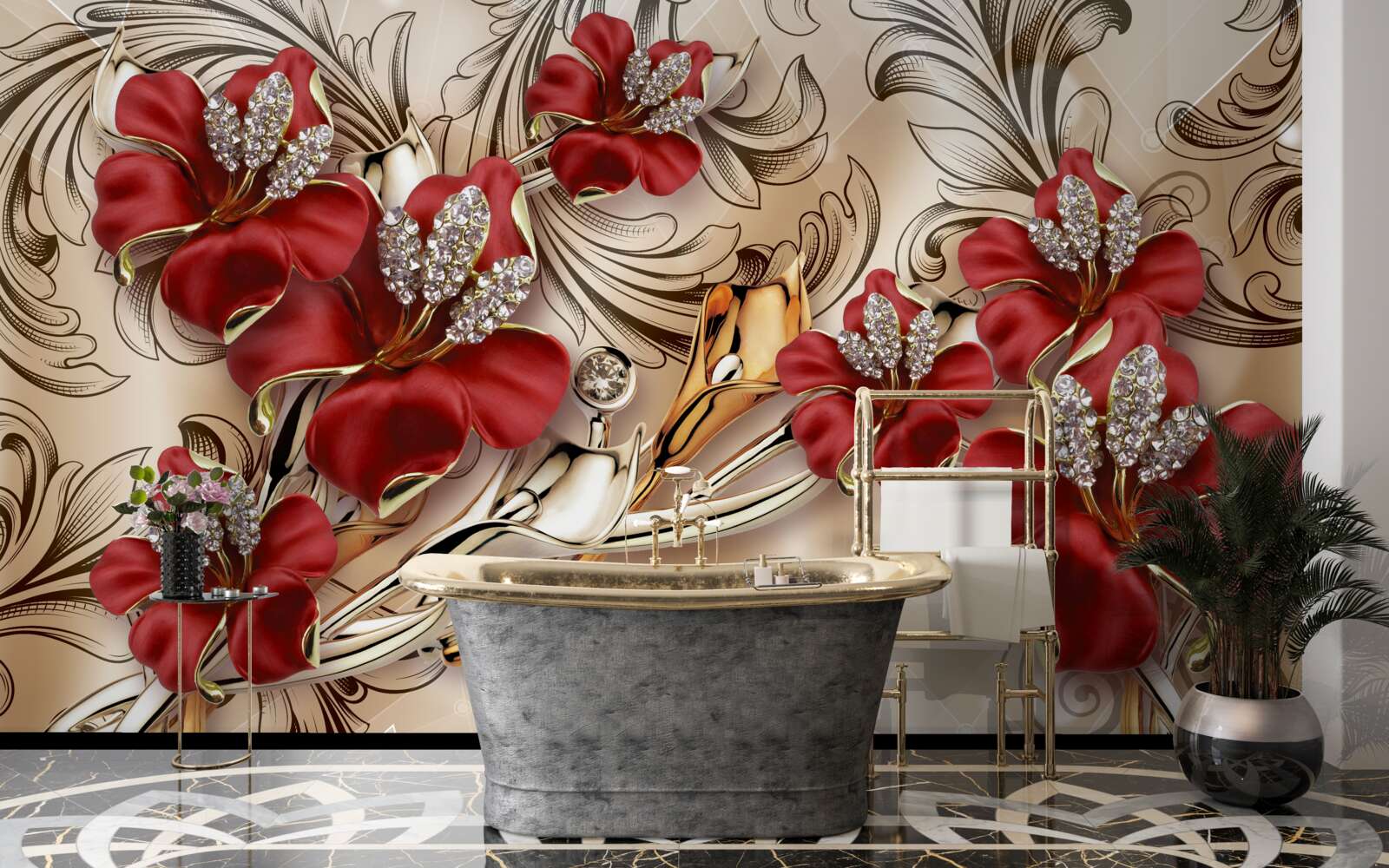 Fototapeta złota biżuteria z czerwonymi pąkami