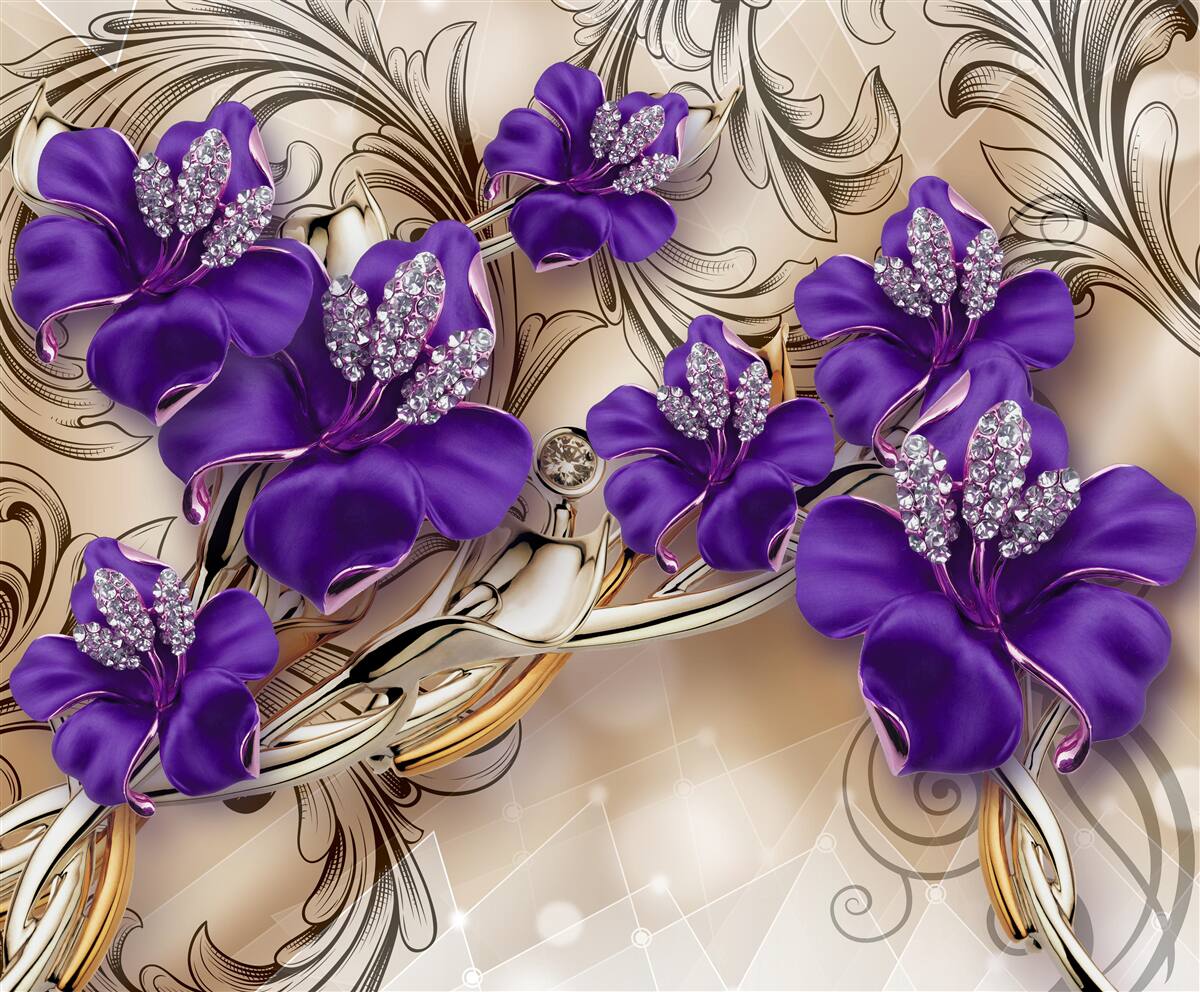 Fototapeta kamienie szlachetne i metale ozdobione fioletowymi kwiatami