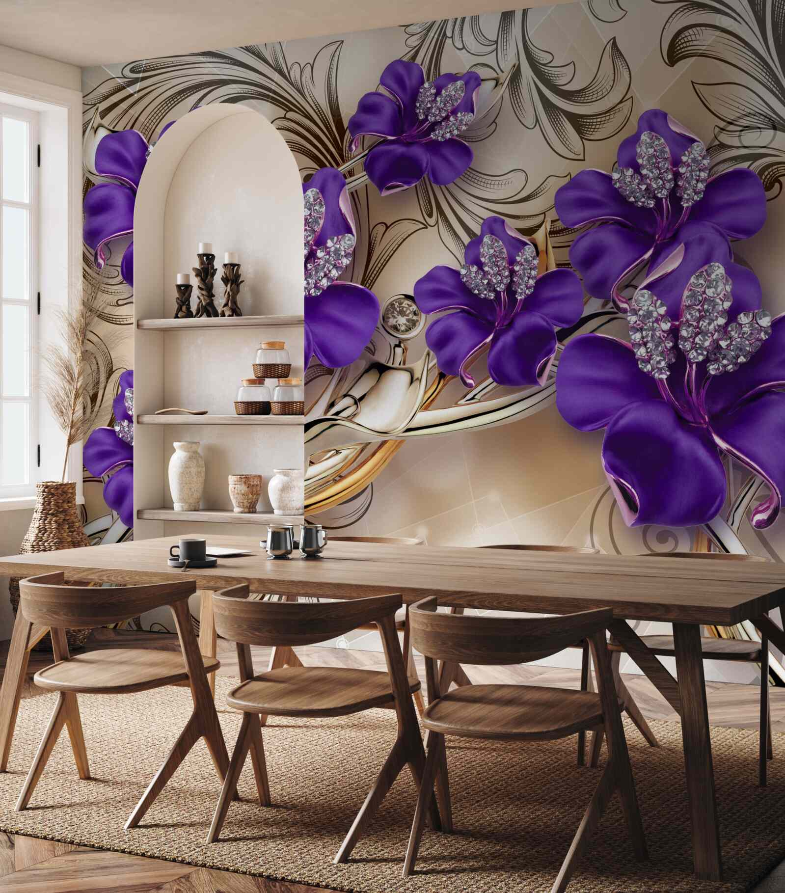 Fototapeta kamienie szlachetne i metale ozdobione fioletowymi kwiatami