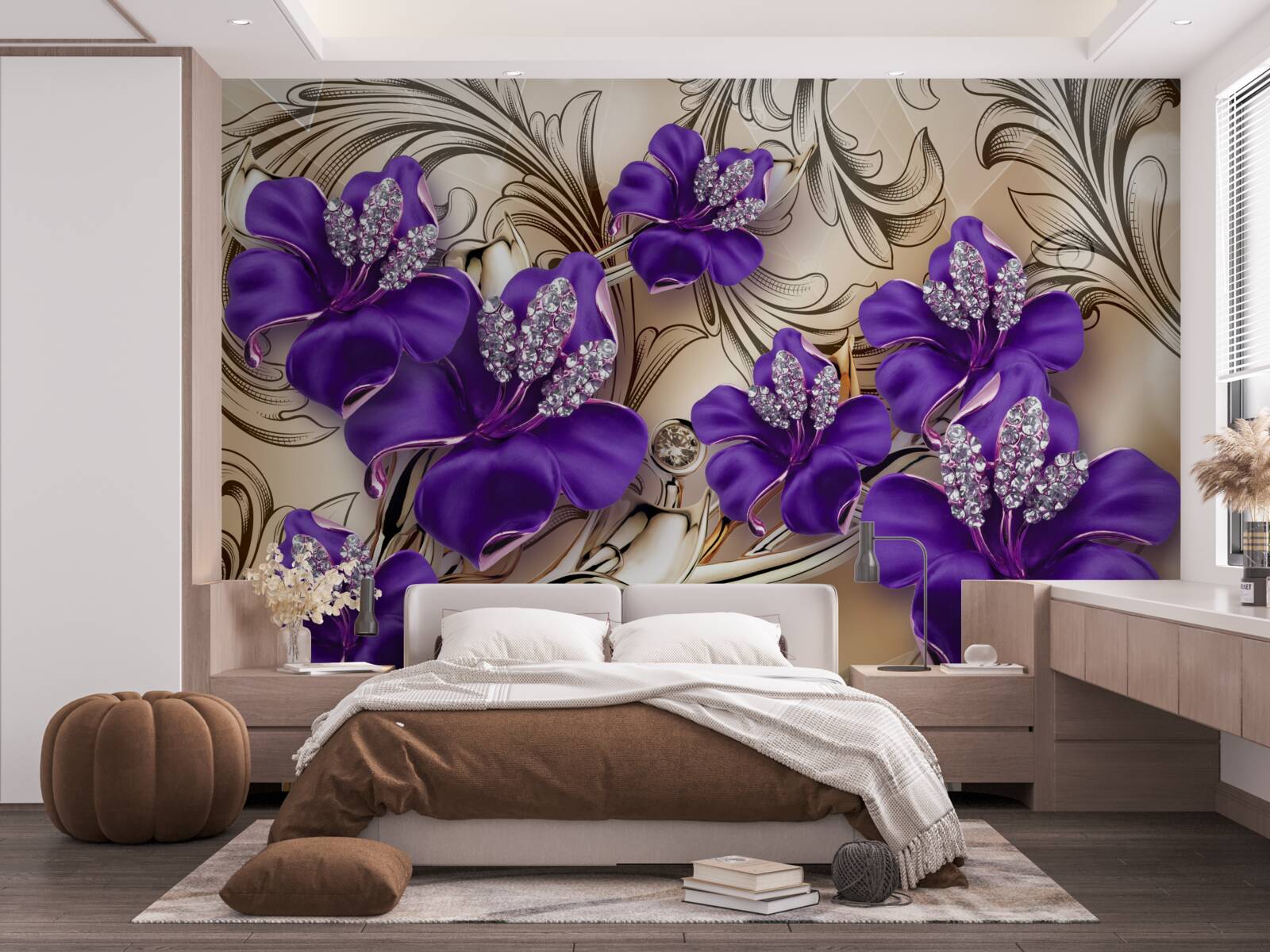 Fototapeta kamienie szlachetne i metale ozdobione fioletowymi kwiatami