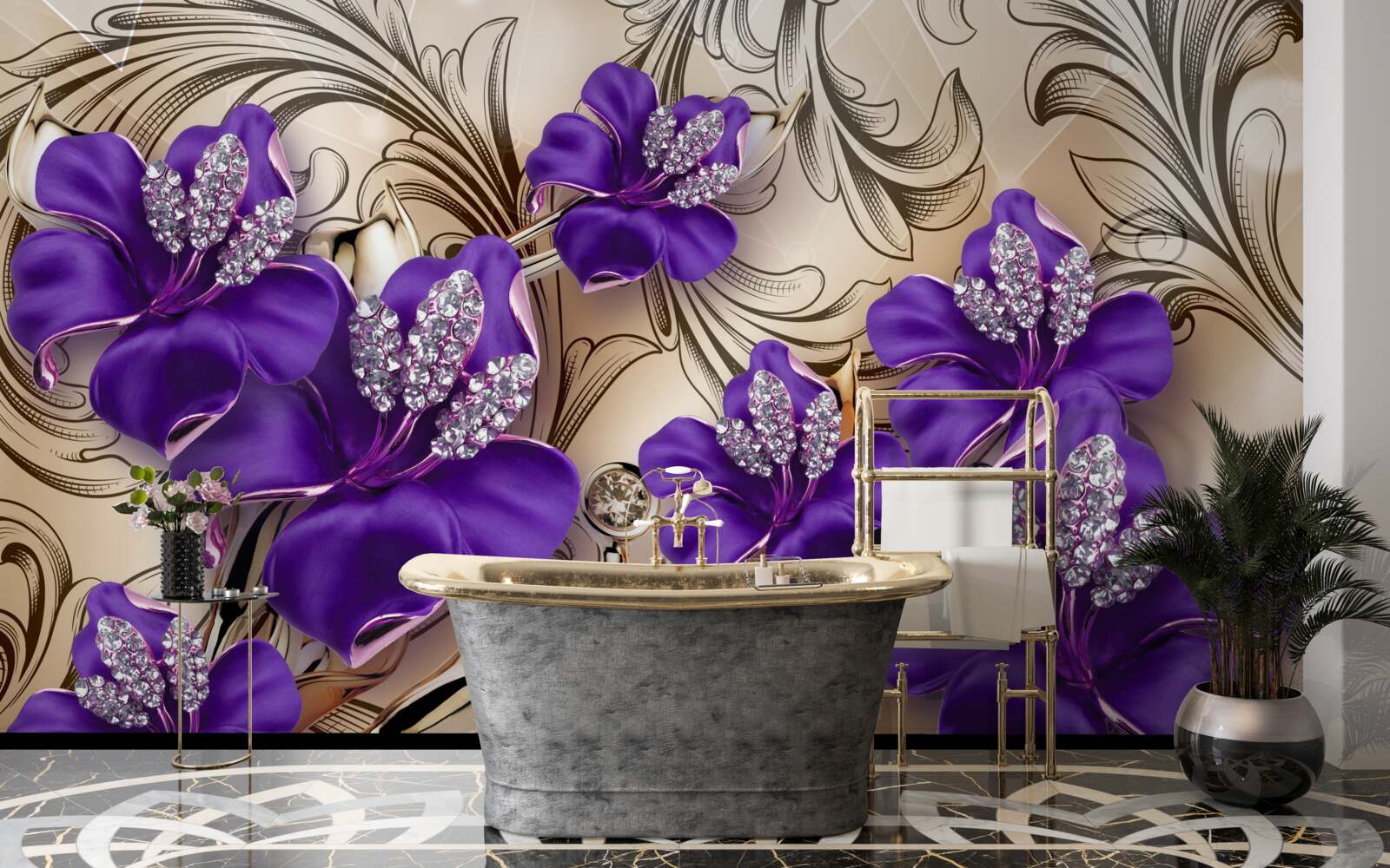 Fototapeta kamienie szlachetne i metale ozdobione fioletowymi kwiatami