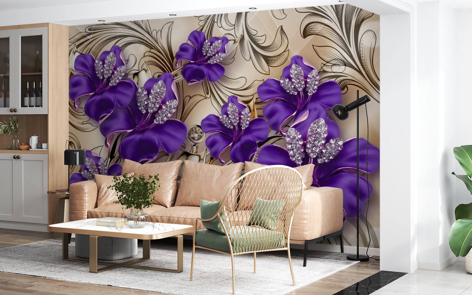 Fototapeta kamienie szlachetne i metale ozdobione fioletowymi kwiatami