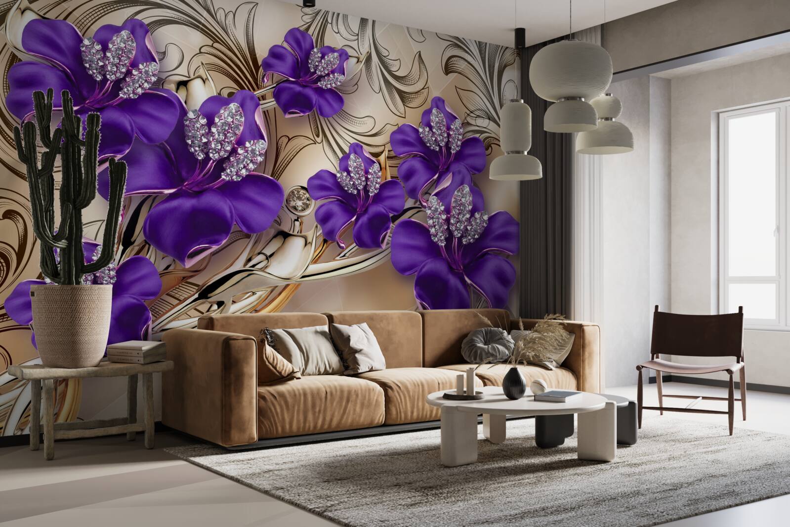 Fototapeta kamienie szlachetne i metale ozdobione fioletowymi kwiatami
