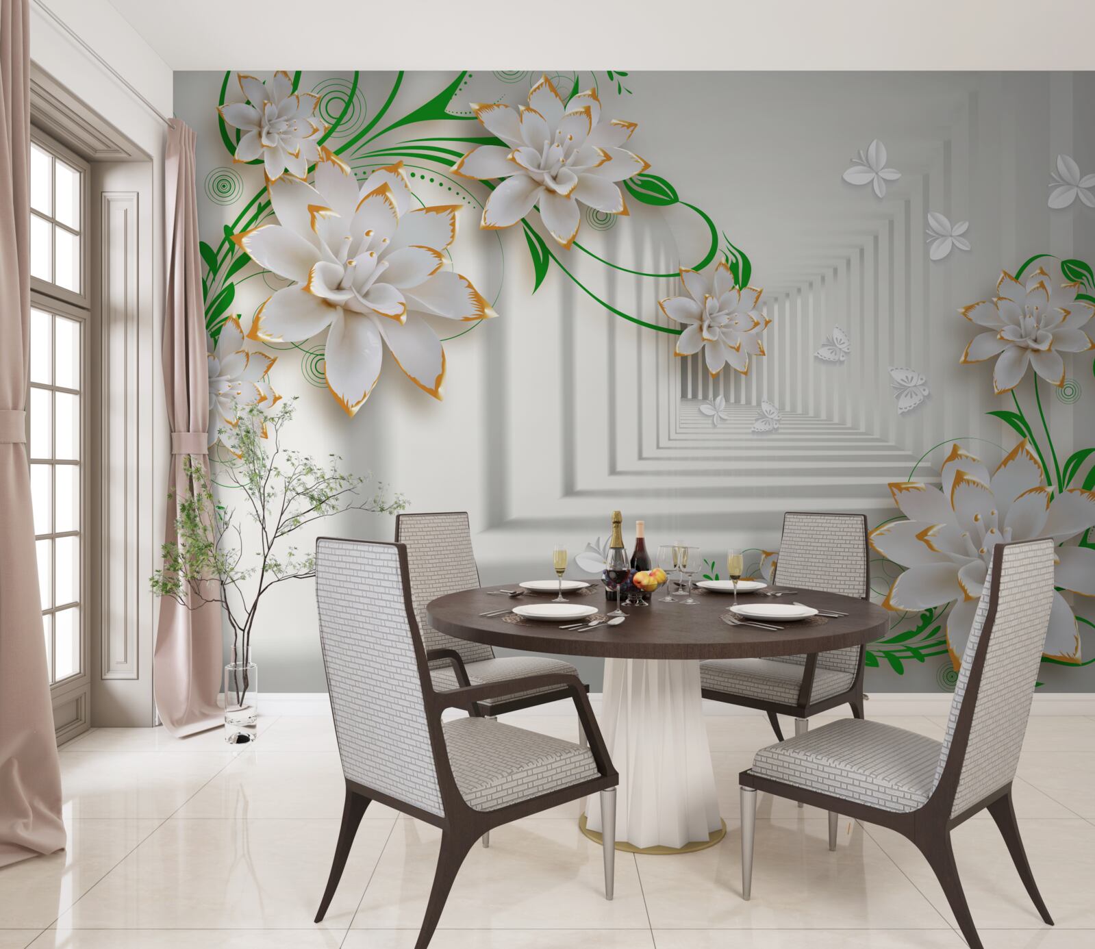 Fototapeta abstrakcyjny tunel ozdobiony zielonymi liśćmi i białym lotosem