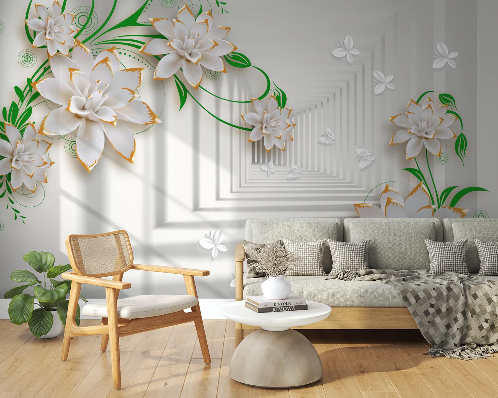 Fototapeta abstrakcyjny tunel ozdobiony zielonymi liśćmi i białym lotosem