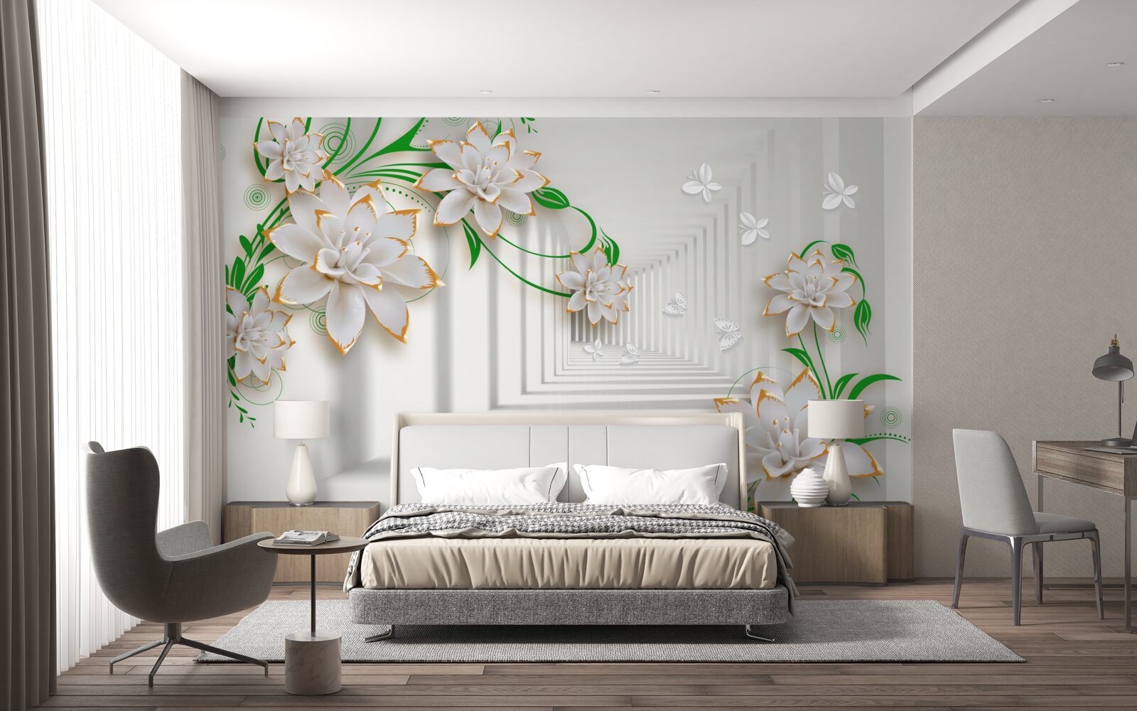 Fototapeta abstrakcyjny tunel ozdobiony zielonymi liśćmi i białym lotosem