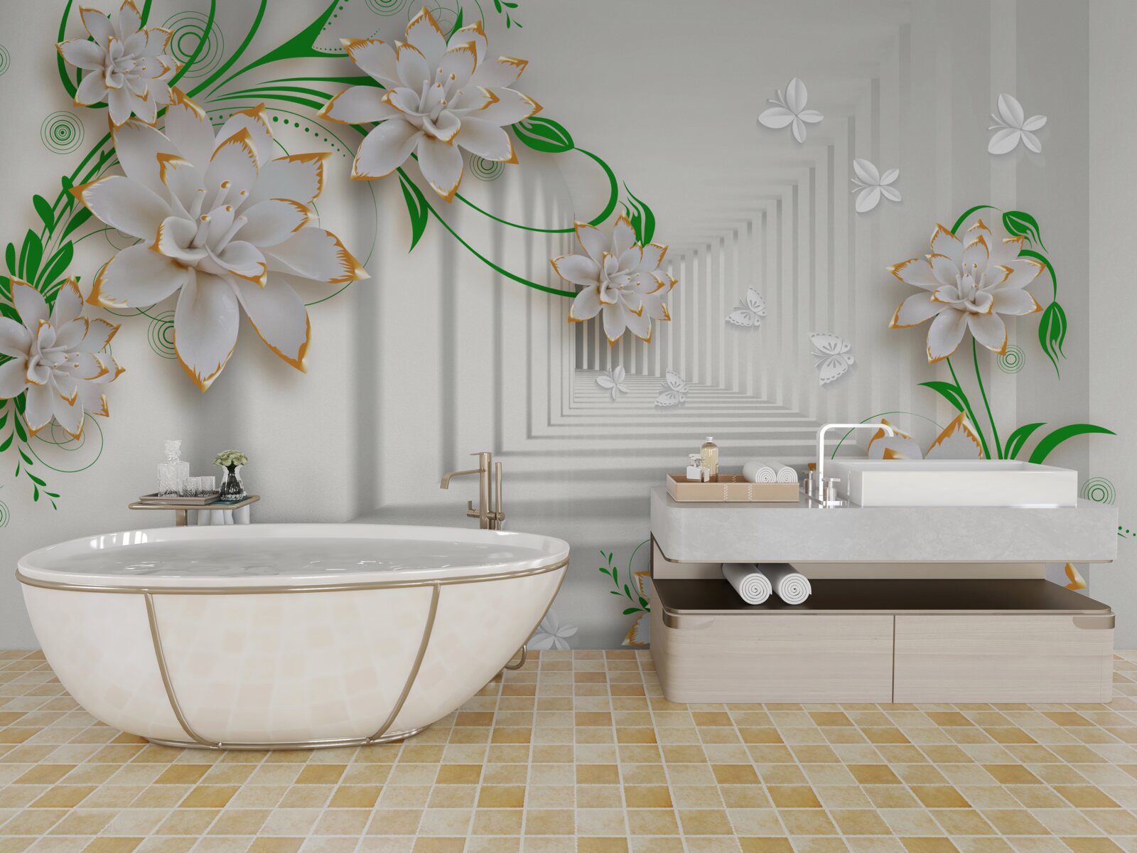 Fototapeta abstrakcyjny tunel ozdobiony zielonymi liśćmi i białym lotosem