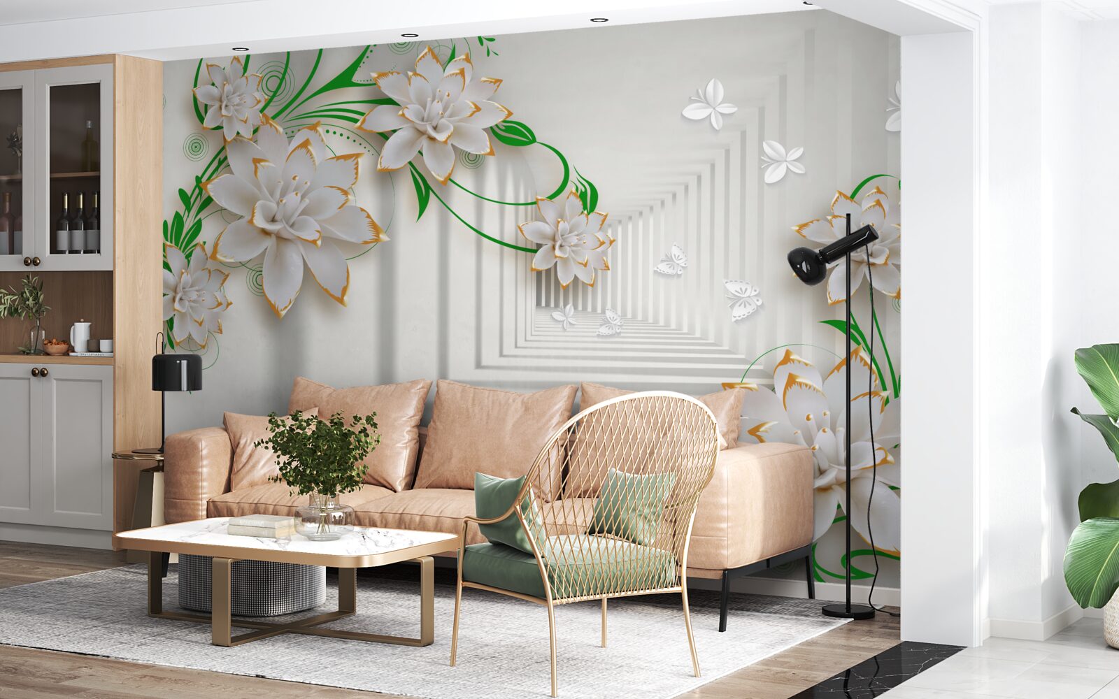 Fototapeta abstrakcyjny tunel ozdobiony zielonymi liśćmi i białym lotosem