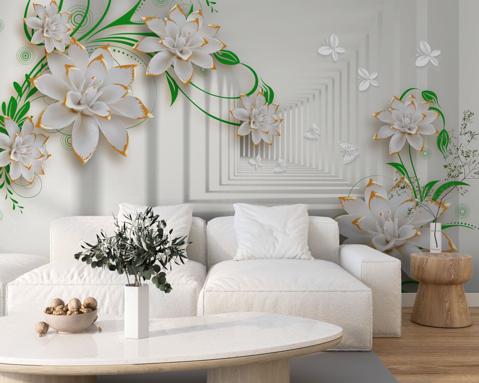 Fototapeta abstrakcyjny tunel ozdobiony zielonymi liśćmi i białym lotosem