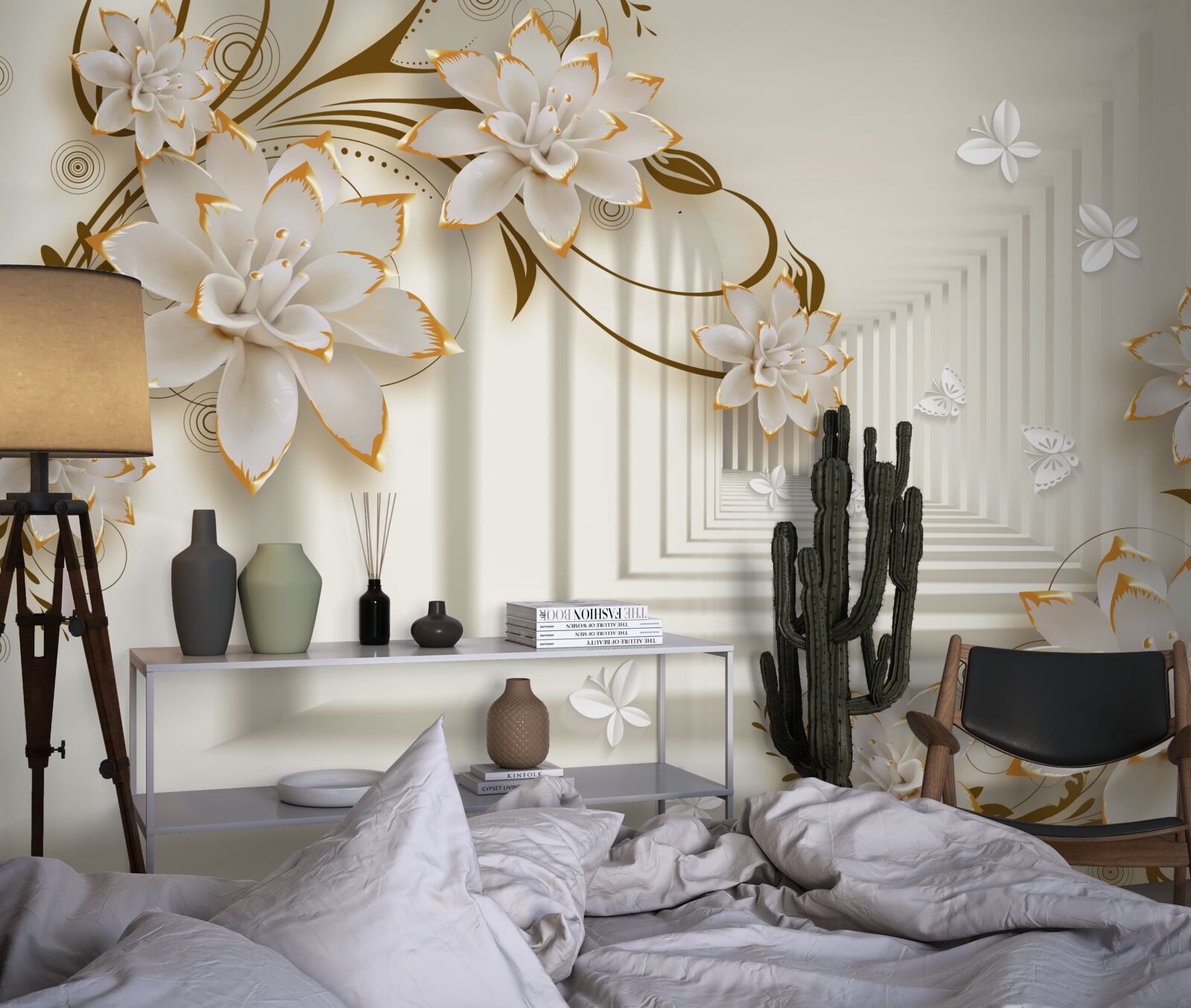 Fototapeta kolumnada w śnieżnobiałym kolorze i gałęzie kwiatów odsłonięte w całej okazałości