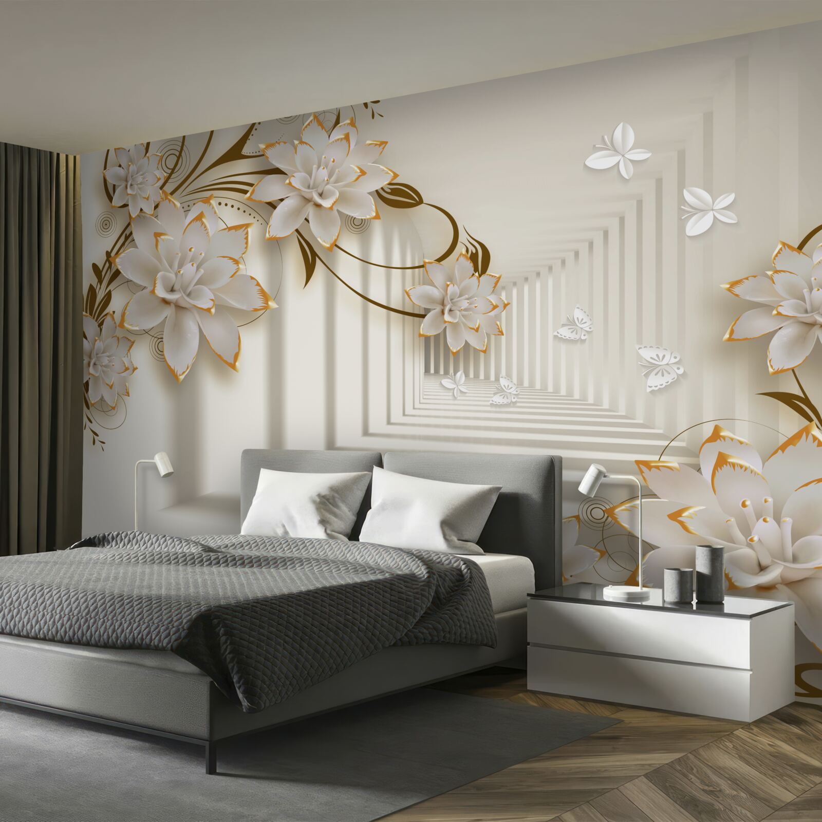 Fototapeta kolumnada w śnieżnobiałym kolorze i gałęzie kwiatów odsłonięte w całej okazałości