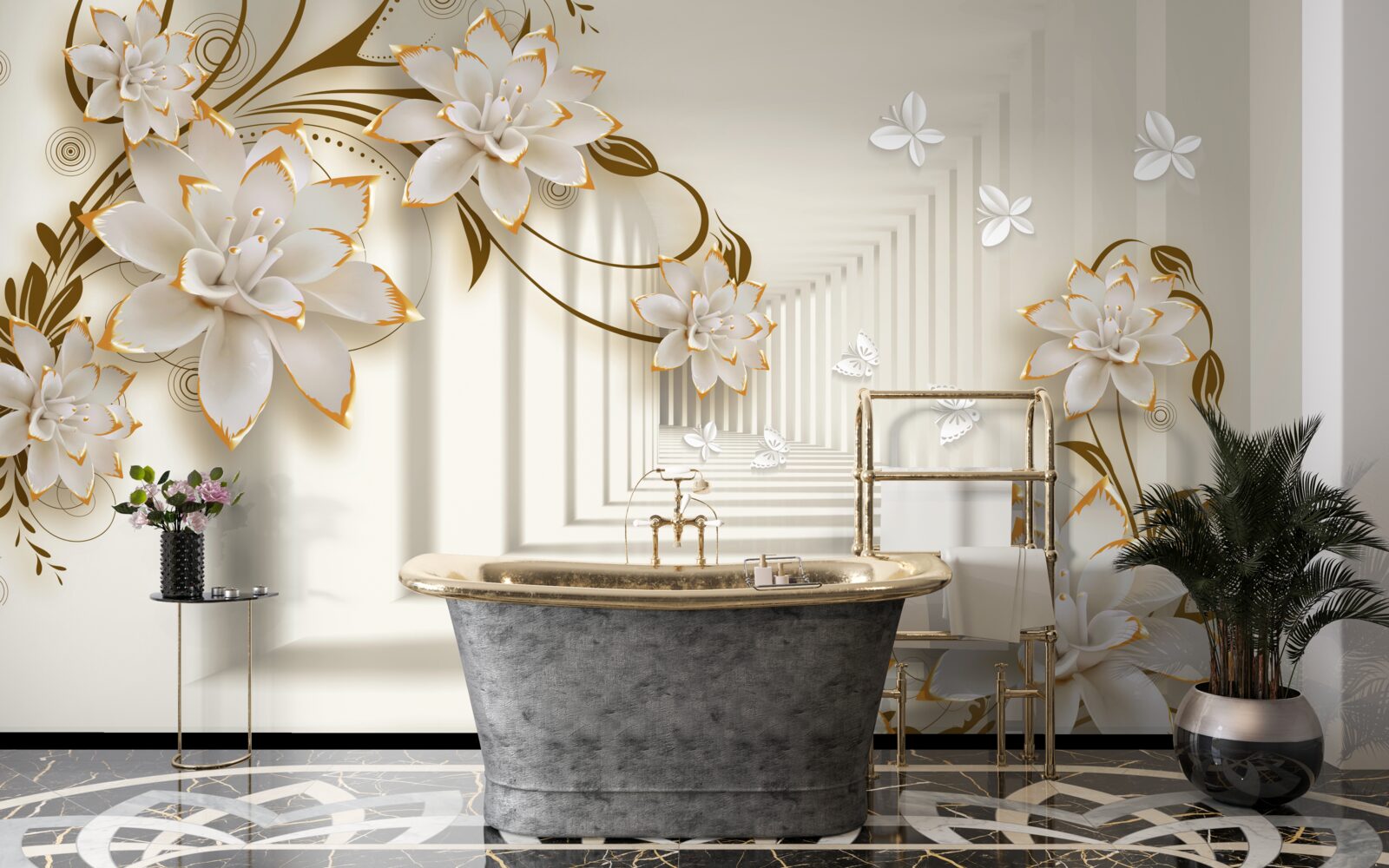 Fototapeta kolumnada w śnieżnobiałym kolorze i gałęzie kwiatów odsłonięte w całej okazałości