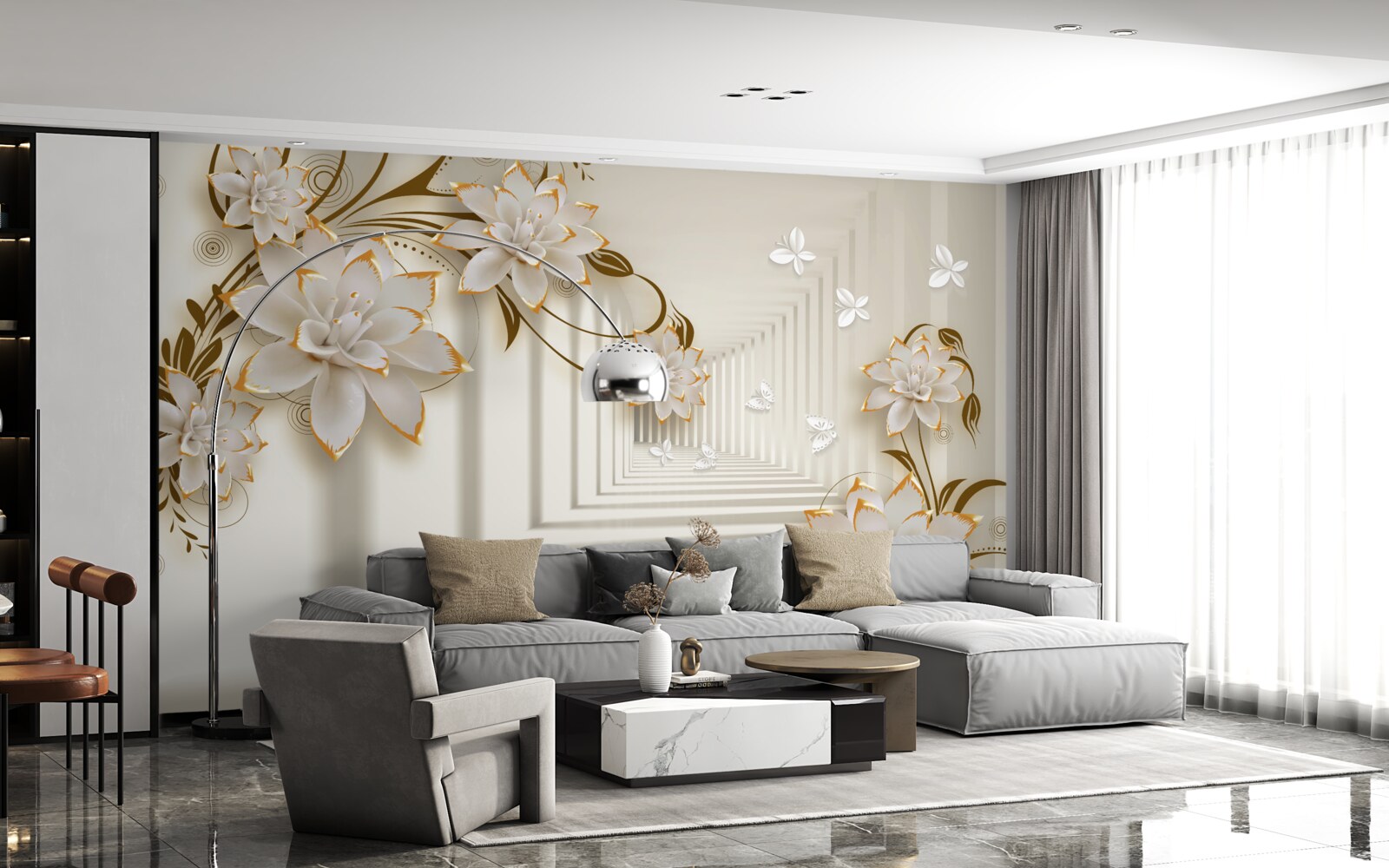 Fototapeta kolumnada w śnieżnobiałym kolorze i gałęzie kwiatów odsłonięte w całej okazałości