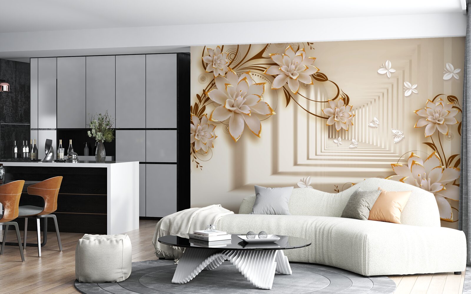 Fototapeta kolumny i kwiaty tworzą nierealny tunel