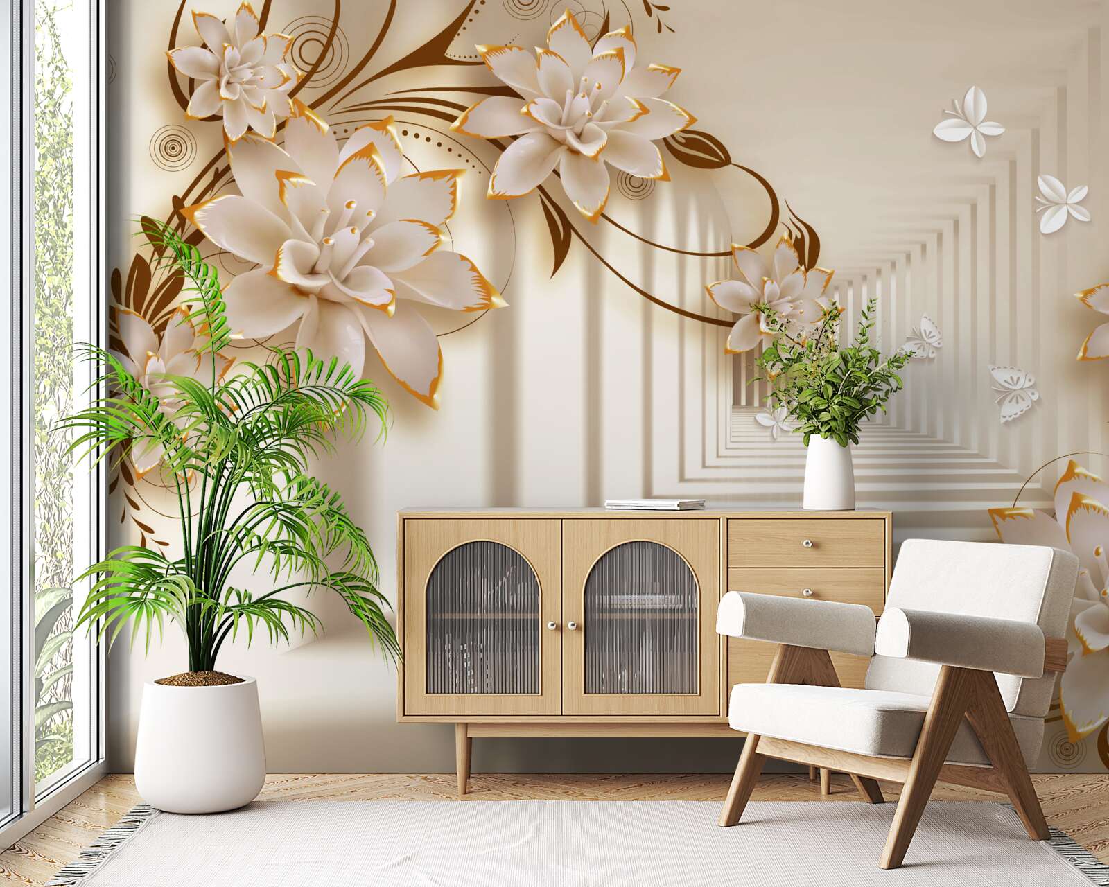 Fototapeta kolumny i kwiaty tworzą nierealny tunel