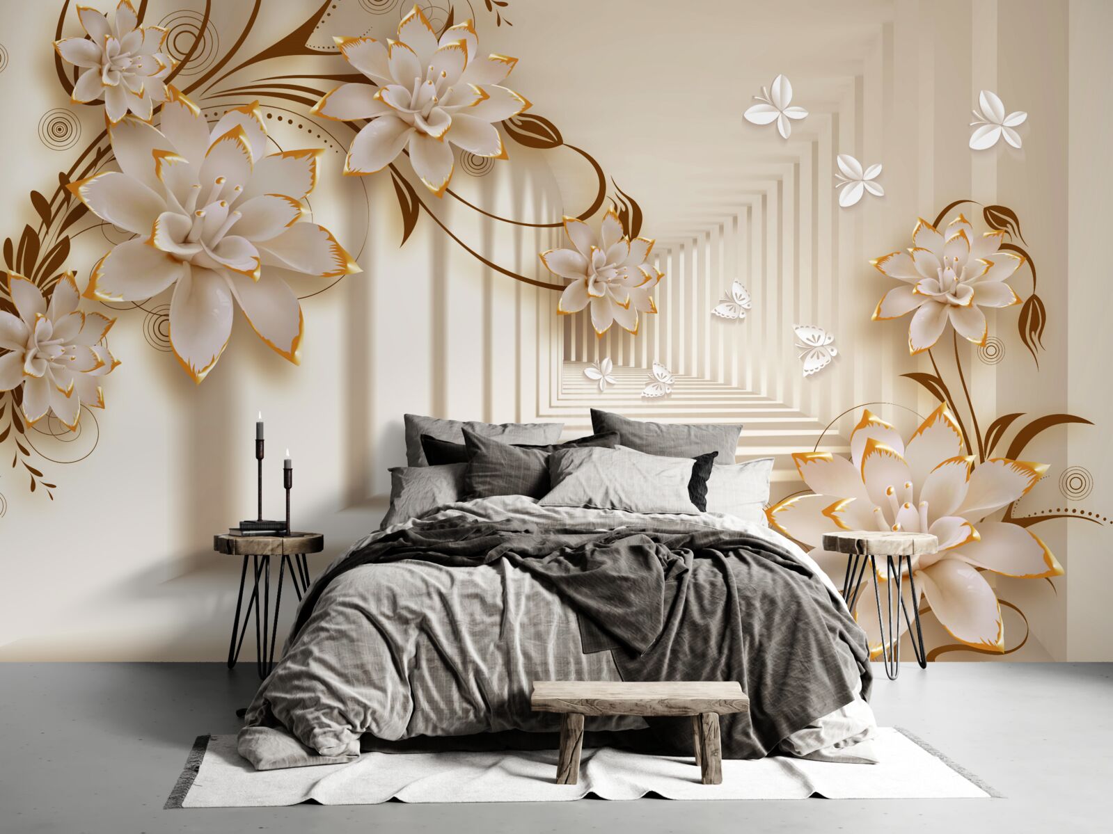 Fototapeta kolumny i kwiaty tworzą nierealny tunel