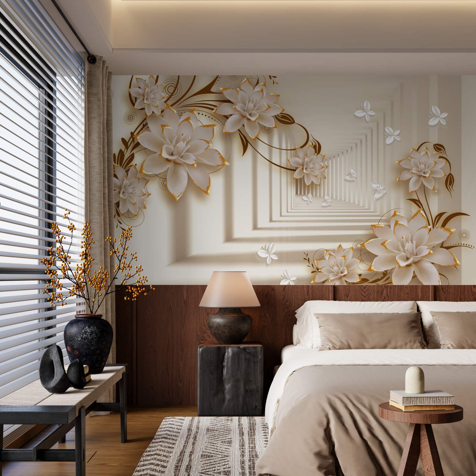 Fototapeta kolumny i kwiaty tworzą nierealny tunel