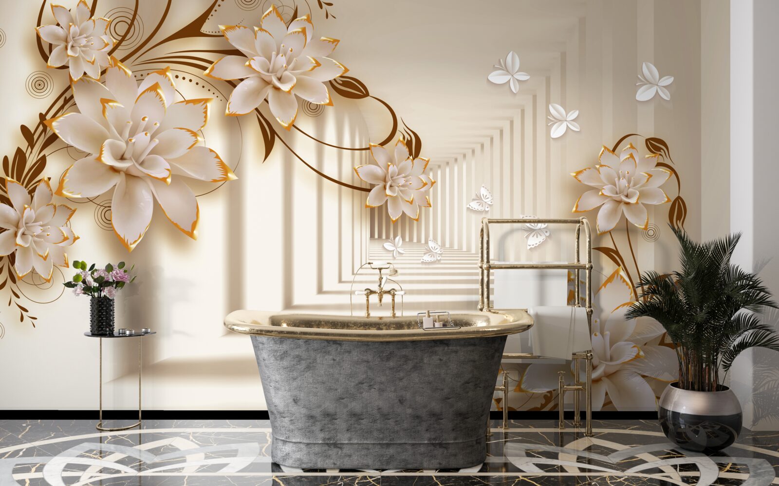 Fototapeta kolumny i kwiaty tworzą nierealny tunel