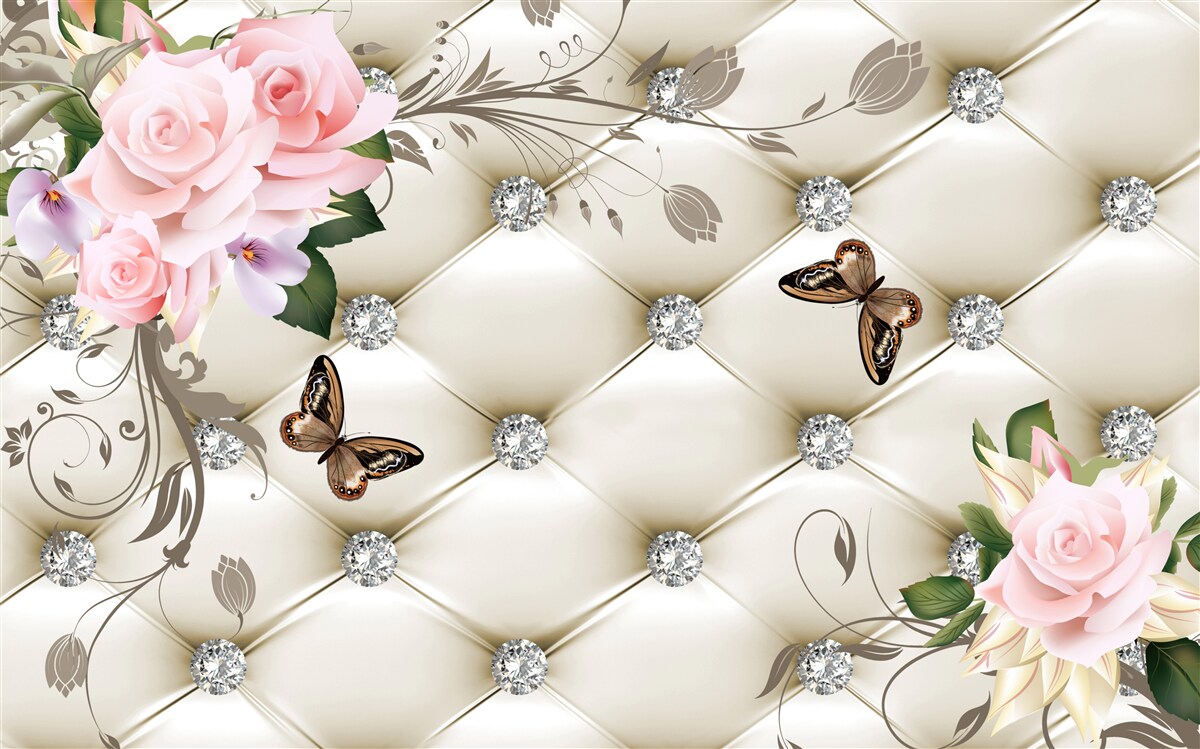 Fototapeta dekoracje materiałowe nad różami w odcieniach różu z unoszącymi się nad nimi motylami