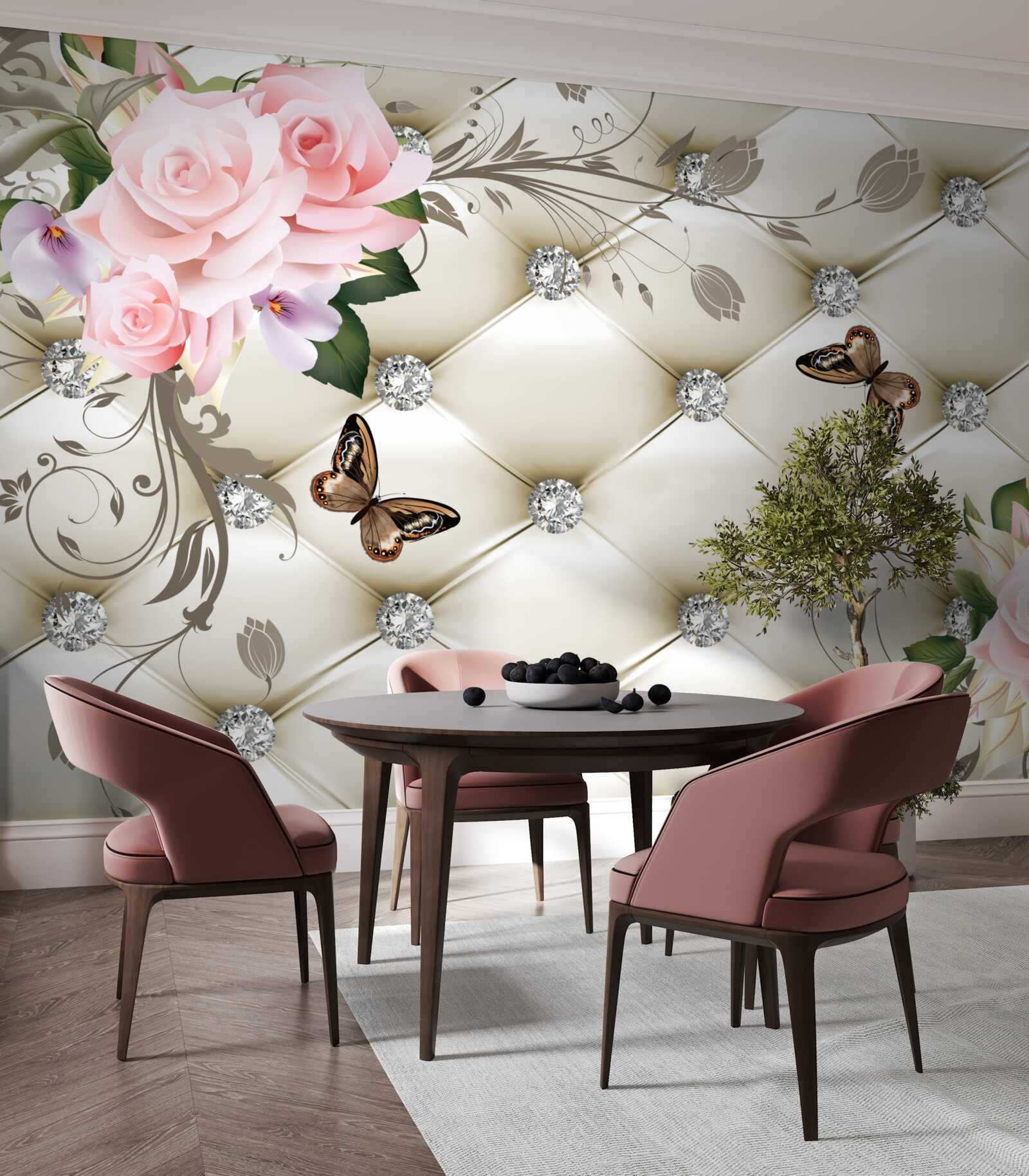 Fototapeta dekoracje materiałowe nad różami w odcieniach różu z unoszącymi się nad nimi motylami