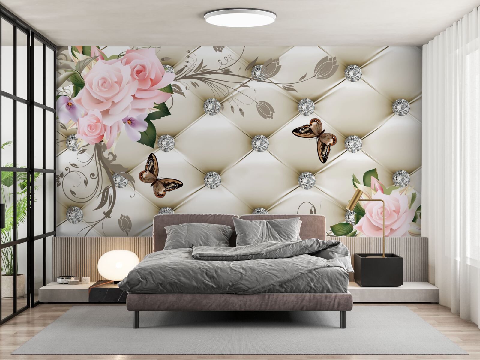 Fototapeta dekoracje materiałowe nad różami w odcieniach różu z unoszącymi się nad nimi motylami