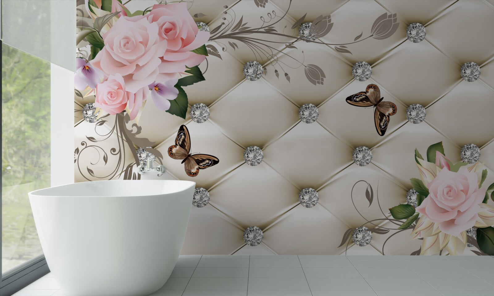 Fototapeta dekoracje materiałowe nad różami w odcieniach różu z unoszącymi się nad nimi motylami