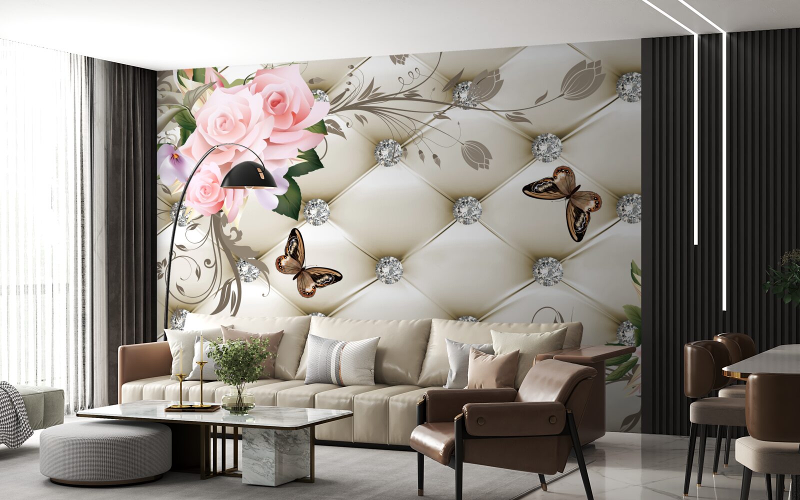 Fototapeta dekoracje materiałowe nad różami w odcieniach różu z unoszącymi się nad nimi motylami