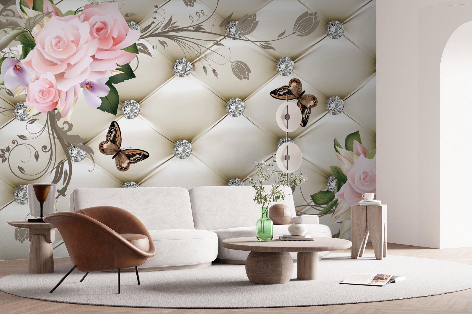 Fototapeta dekoracje materiałowe nad różami w odcieniach różu z unoszącymi się nad nimi motylami
