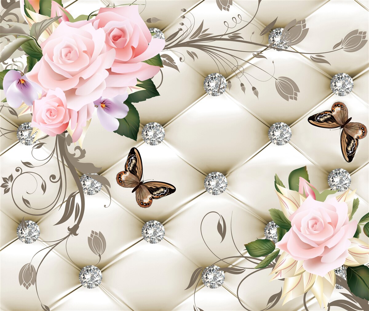 Fototapeta kwiatowa faktura na białej tkaninie ozdobiona perłami