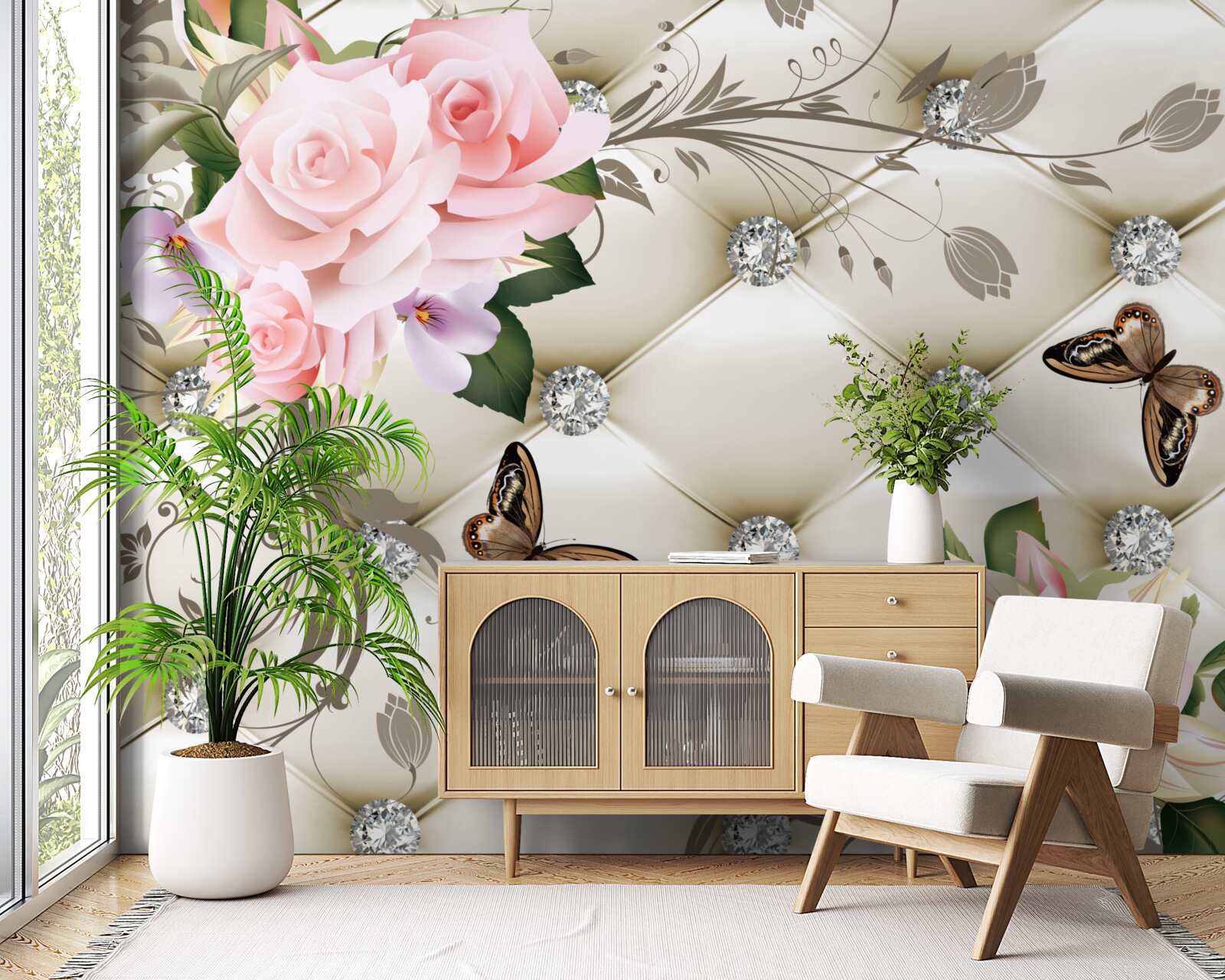 Fototapeta kwiatowa faktura na białej tkaninie ozdobiona perłami