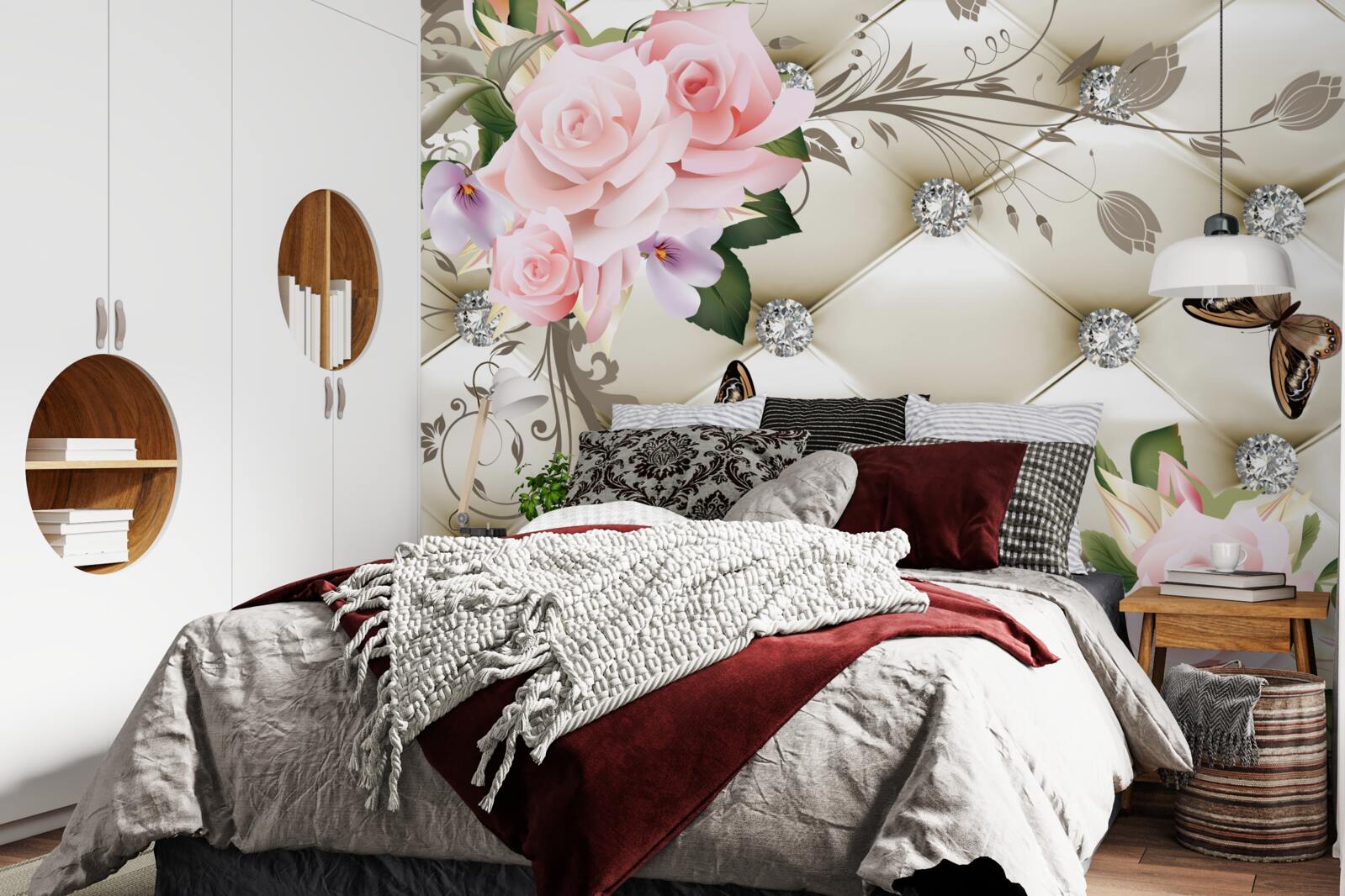 Fototapeta kwiatowa faktura na białej tkaninie ozdobiona perłami