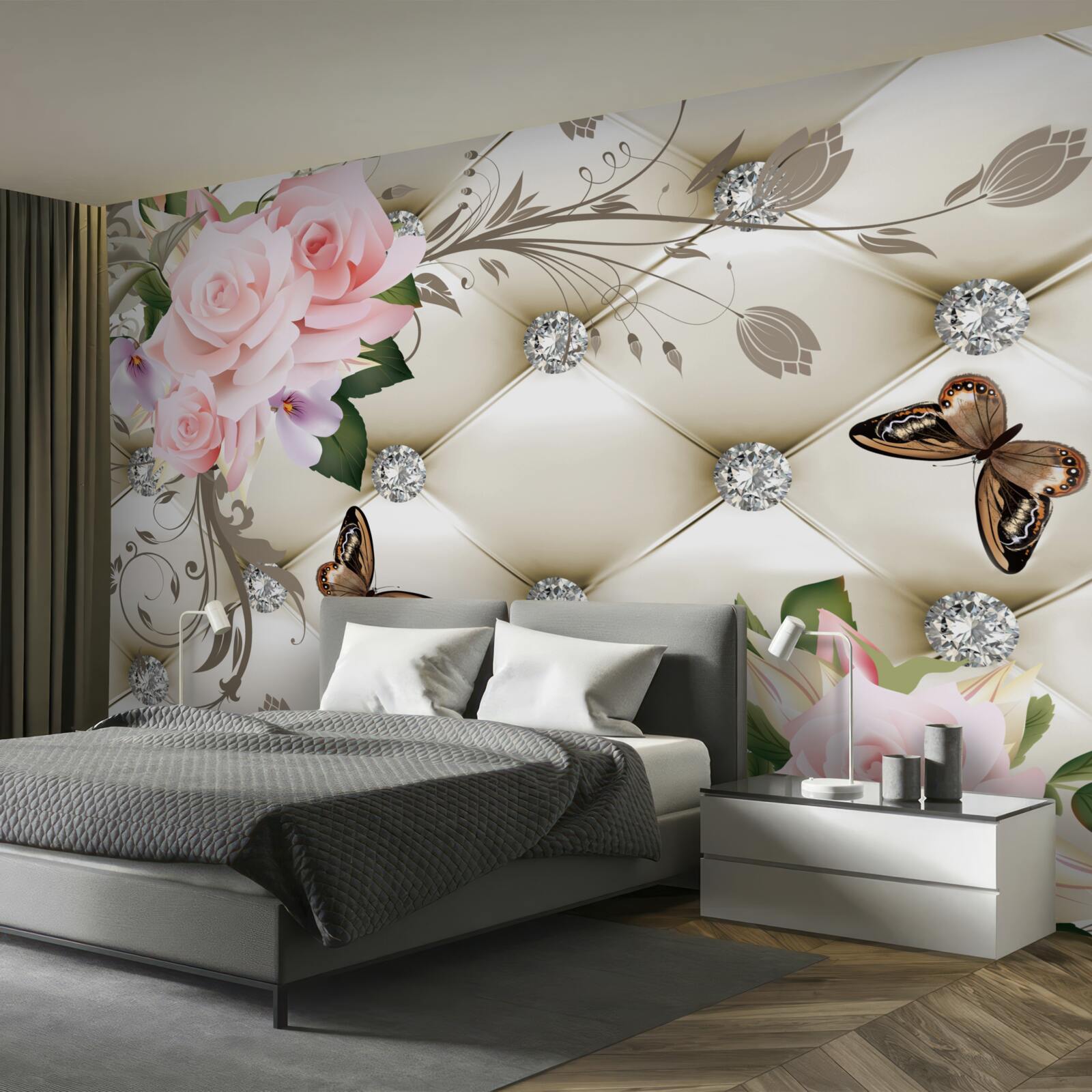 Fototapeta kwiatowa faktura na białej tkaninie ozdobiona perłami