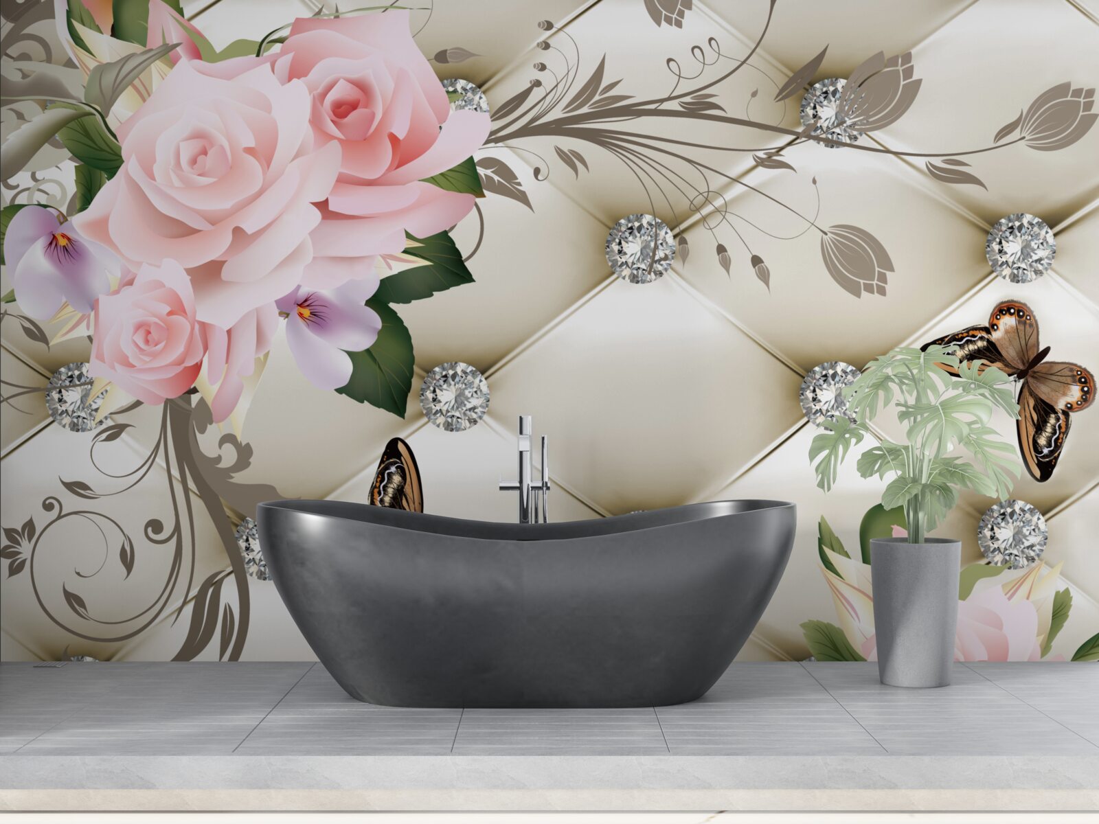 Fototapeta kwiatowa faktura na białej tkaninie ozdobiona perłami