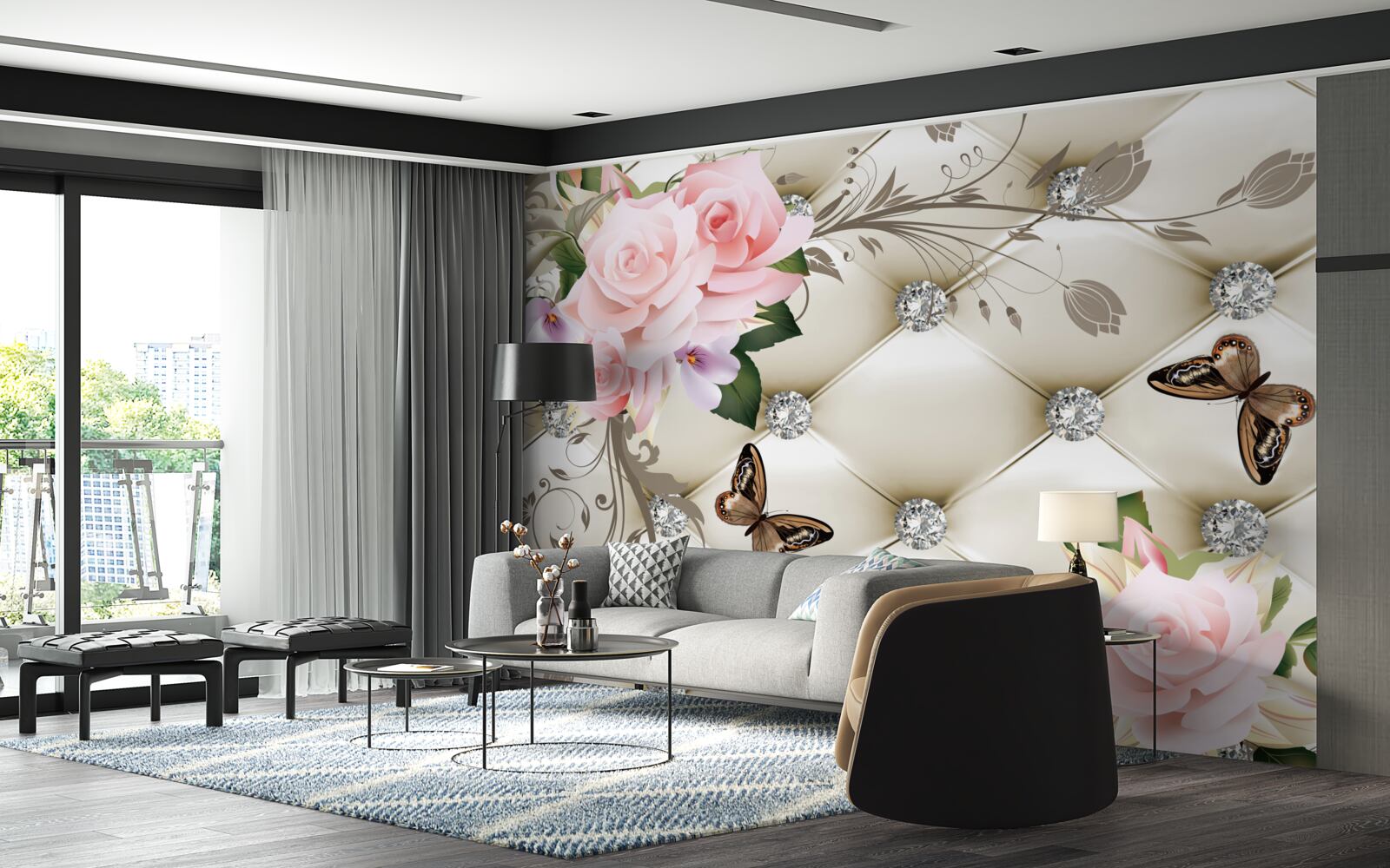 Fototapeta kwiatowa faktura na białej tkaninie ozdobiona perłami