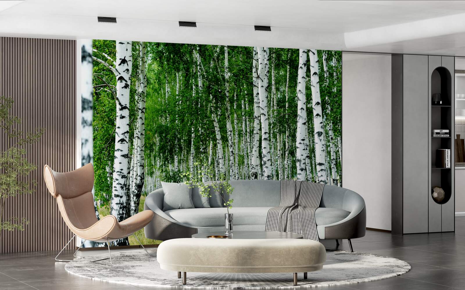 Fototapeta zielone brzozy z wdzięcznymi pniami na otwartym polu