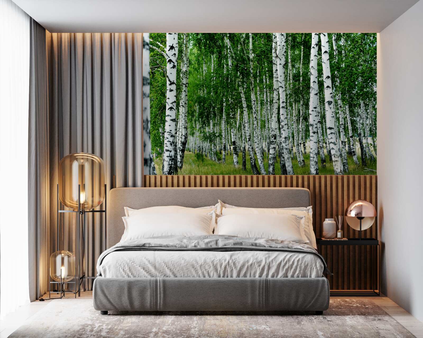 Fototapeta zielone brzozy z wdzięcznymi pniami na otwartym polu