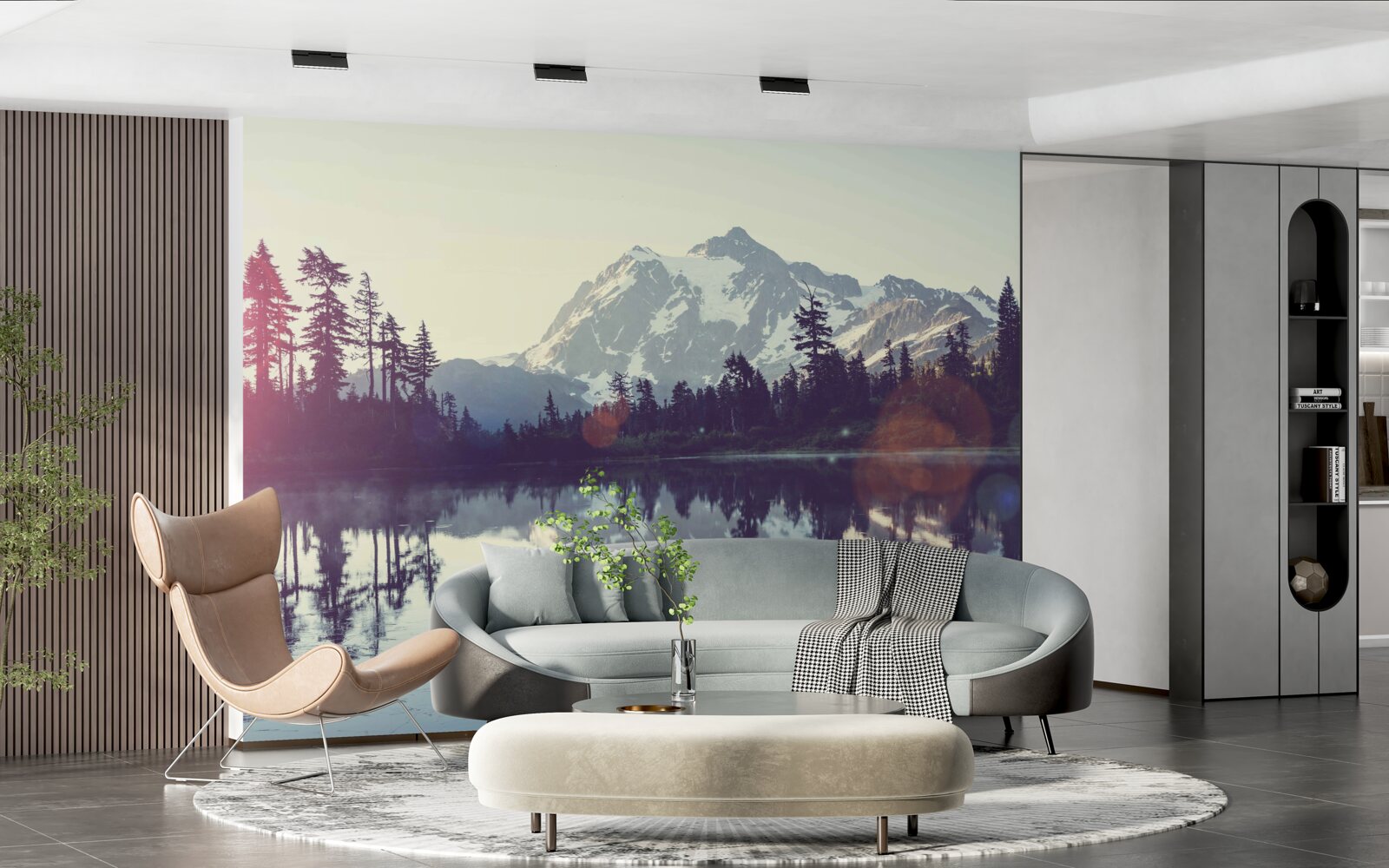 Fototapeta zapierający dech w piersiach widok na góry i lasy odbity w krystalicznie czystej wodzie