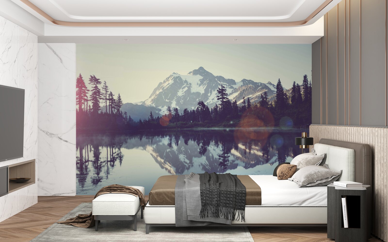 Fototapeta zapierający dech w piersiach widok na góry i lasy odbity w krystalicznie czystej wodzie