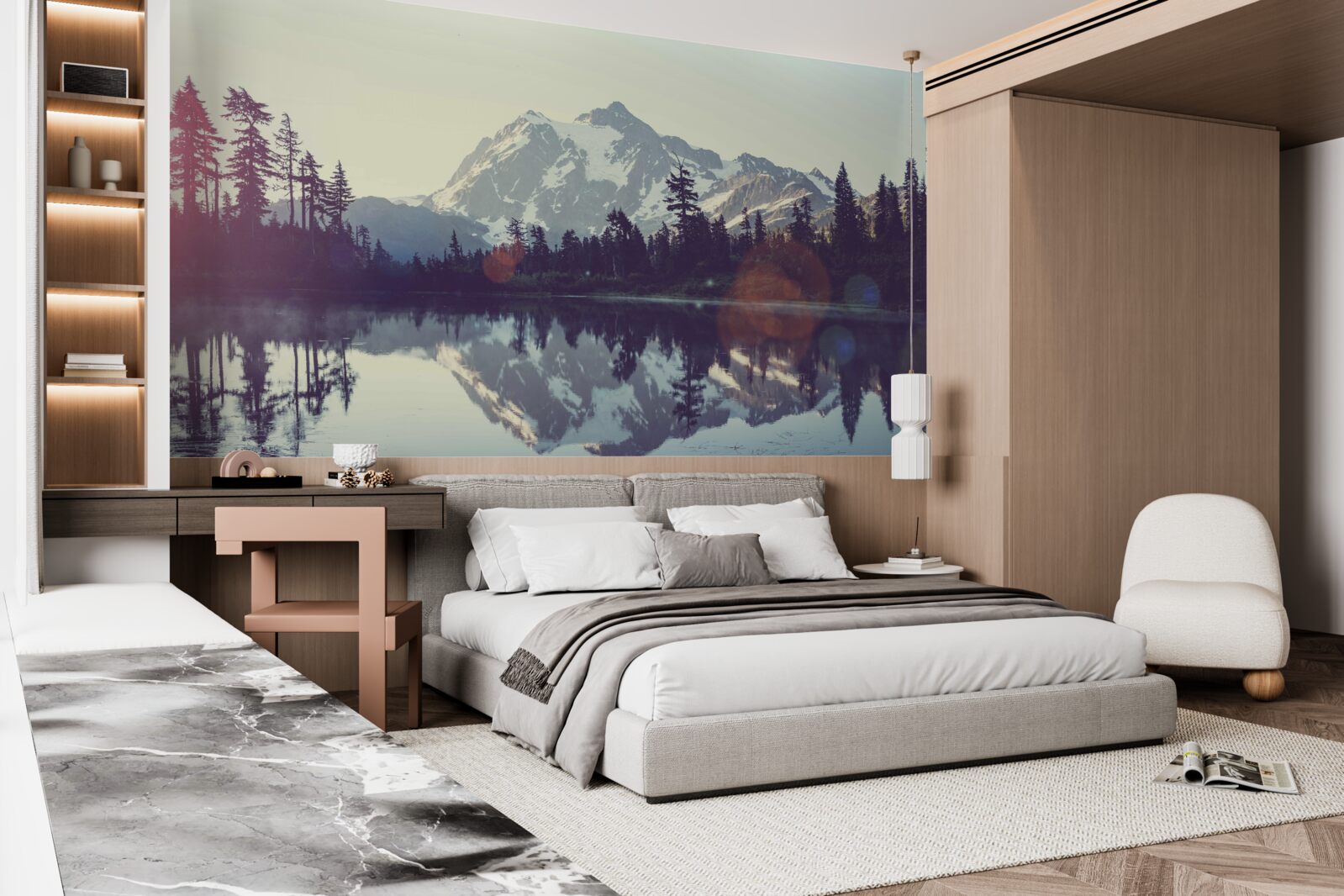 Fototapeta zapierający dech w piersiach widok na góry i lasy odbity w krystalicznie czystej wodzie