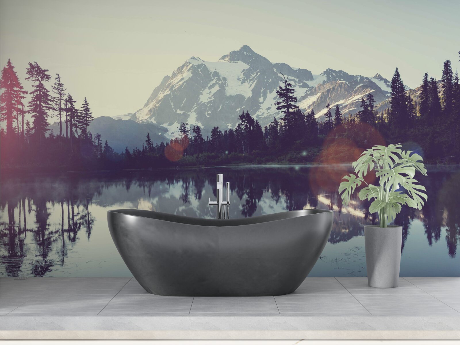 Fototapeta zapierający dech w piersiach widok na góry i lasy odbity w krystalicznie czystej wodzie