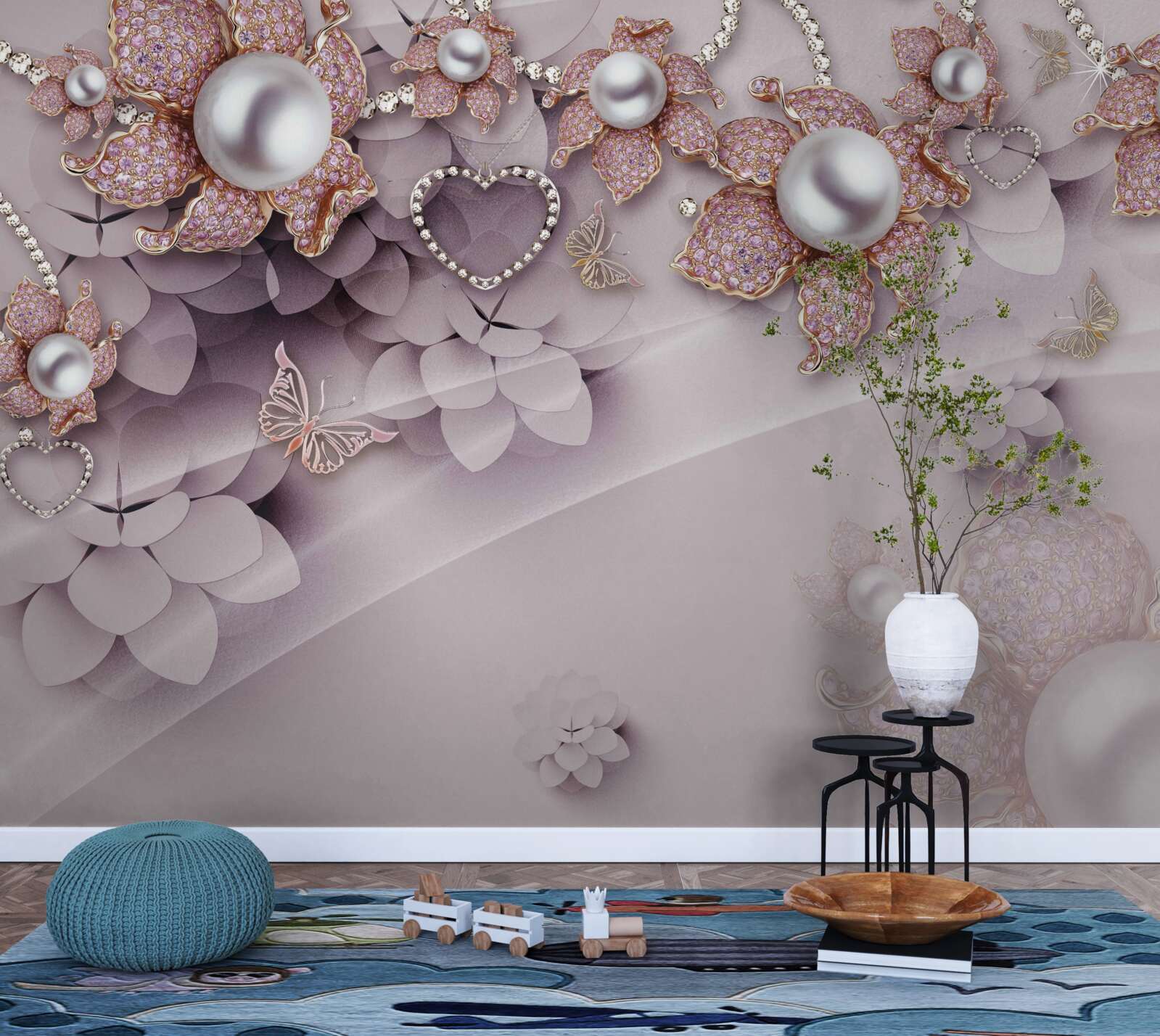 Fototapeta kwiaty abstrakcyjnie utworzone z pereł i kamieni szlachetnych