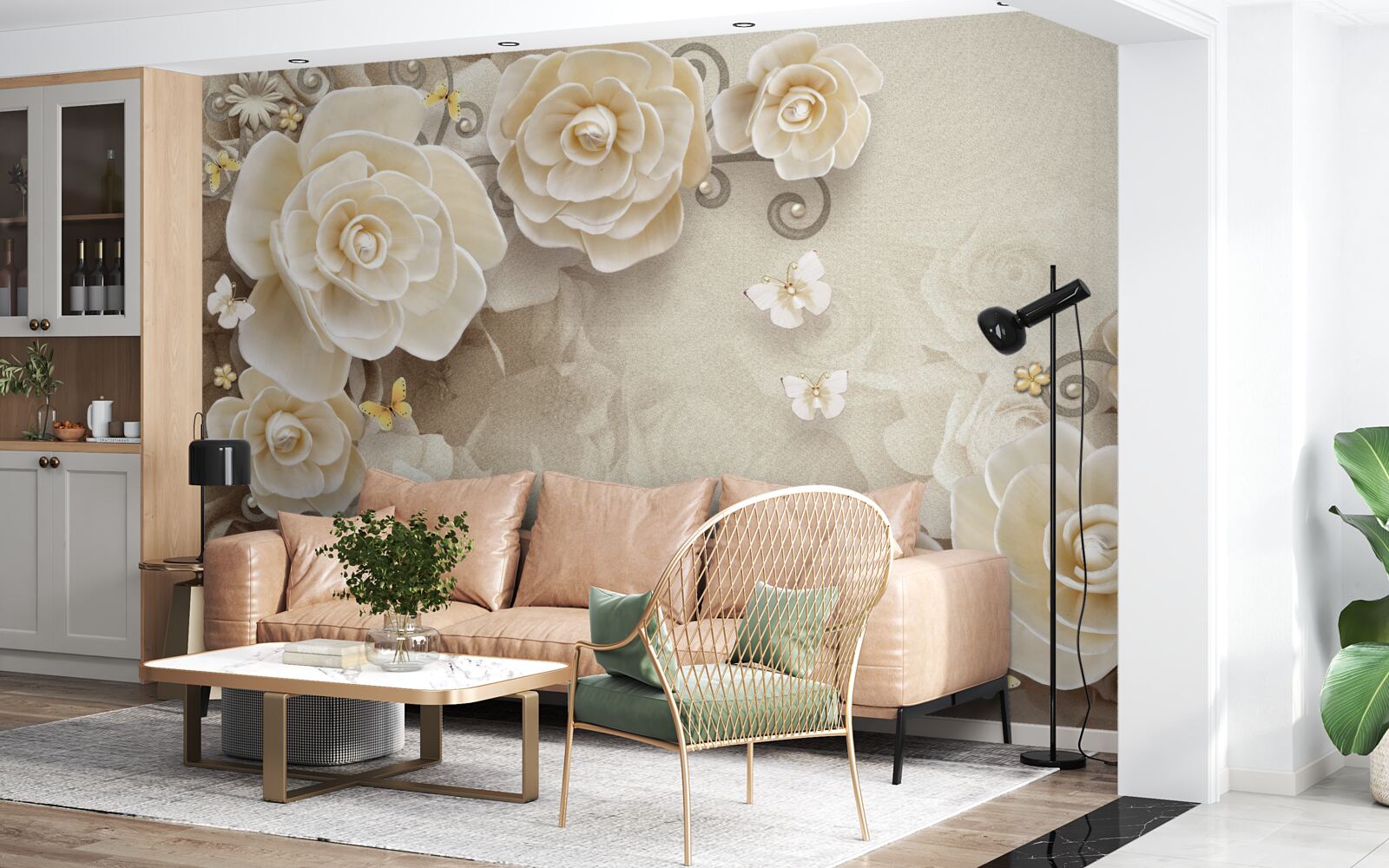 Fototapeta kwiaty z perłami na jasnej powierzchni