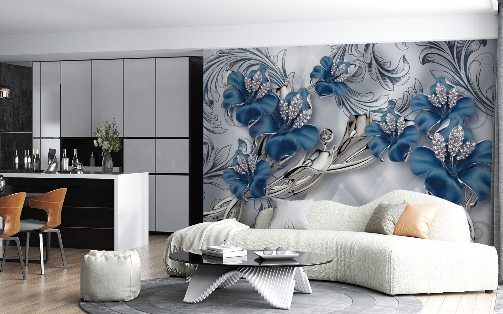 Fototapeta srebrno-niebieskie kwiaty