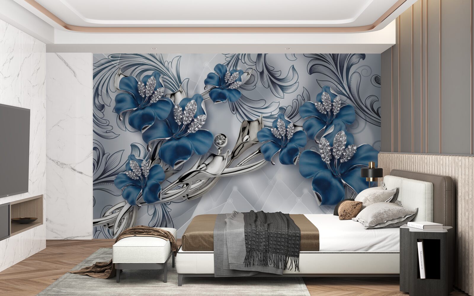 Fototapeta srebrno-niebieskie kwiaty