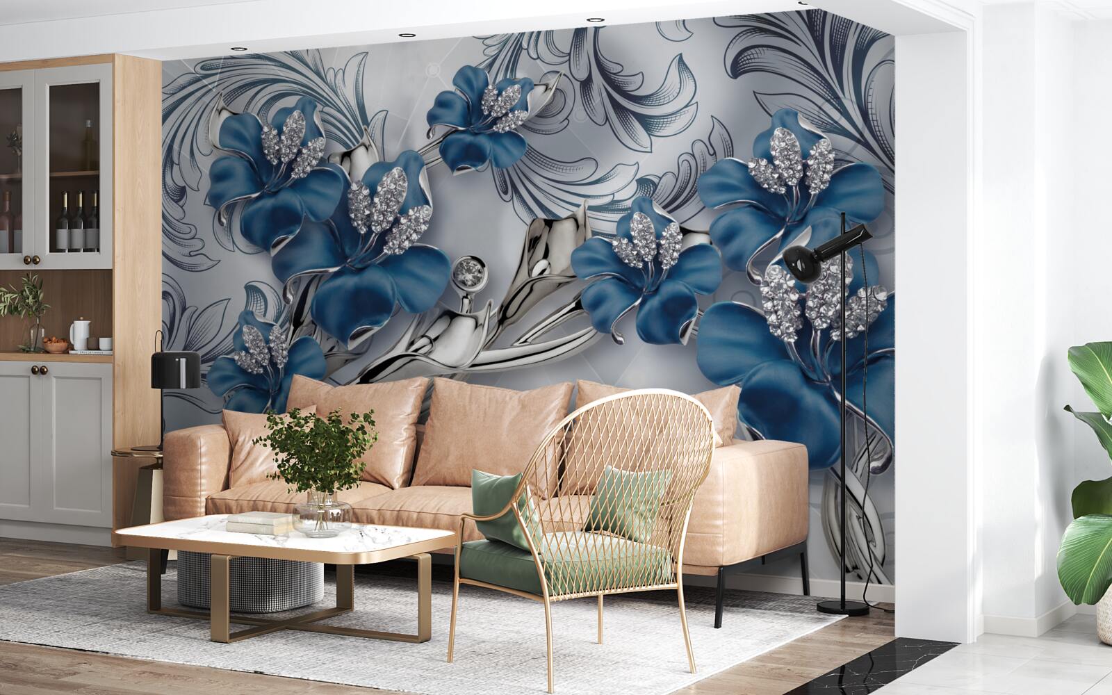 Fototapeta srebrno-niebieskie kwiaty