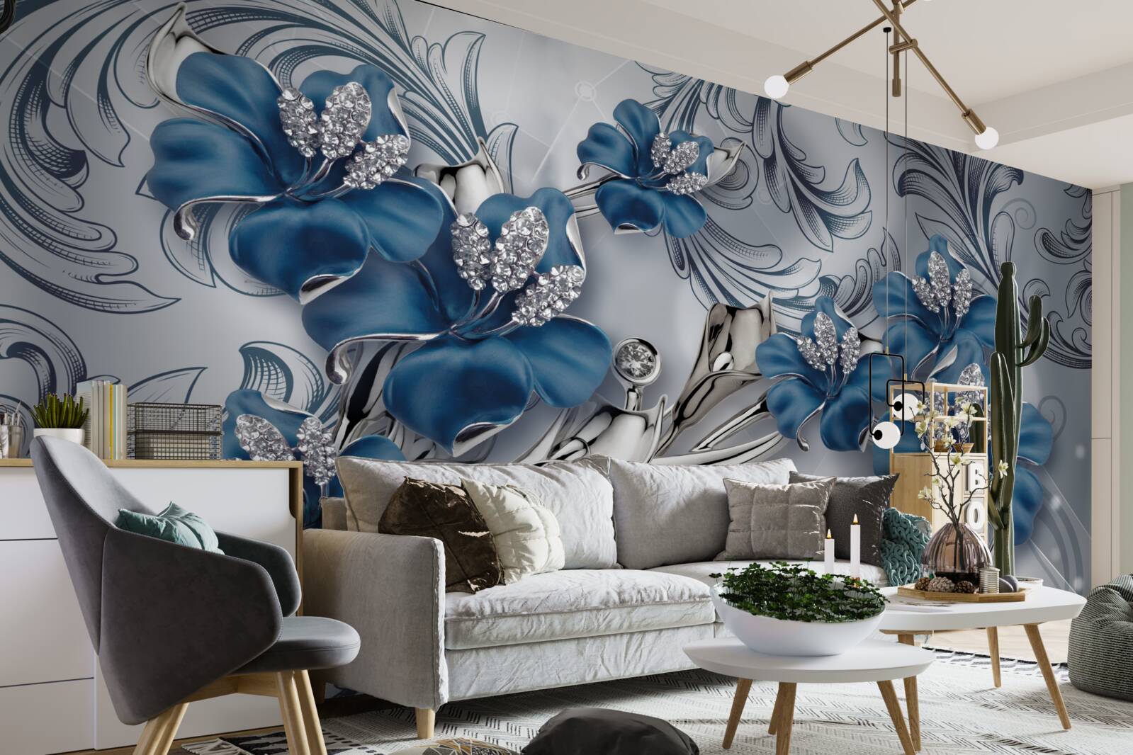 Fototapeta srebrno-niebieskie kwiaty