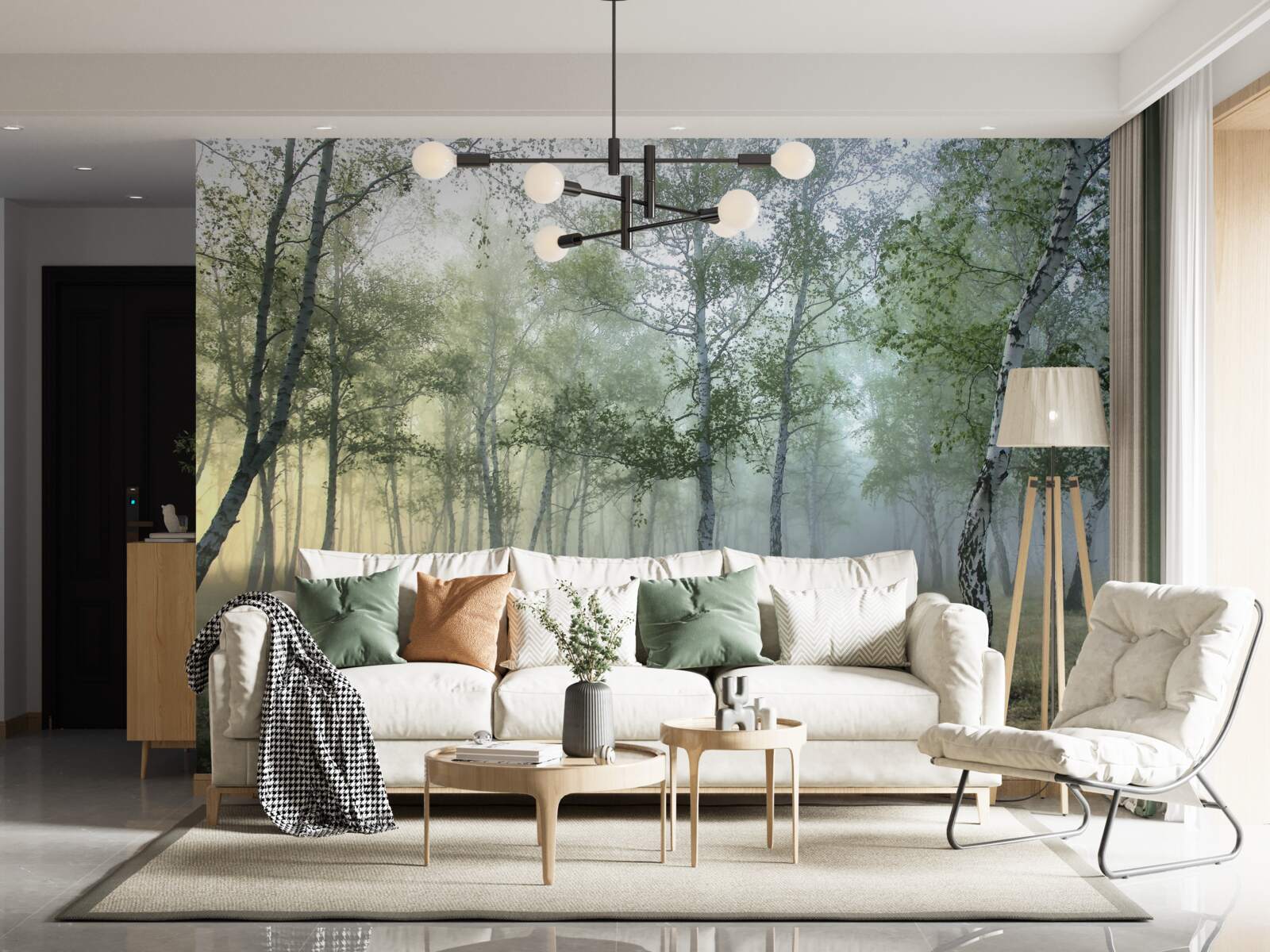 Fototapeta wysokie brzozy spowite poranną mgłą