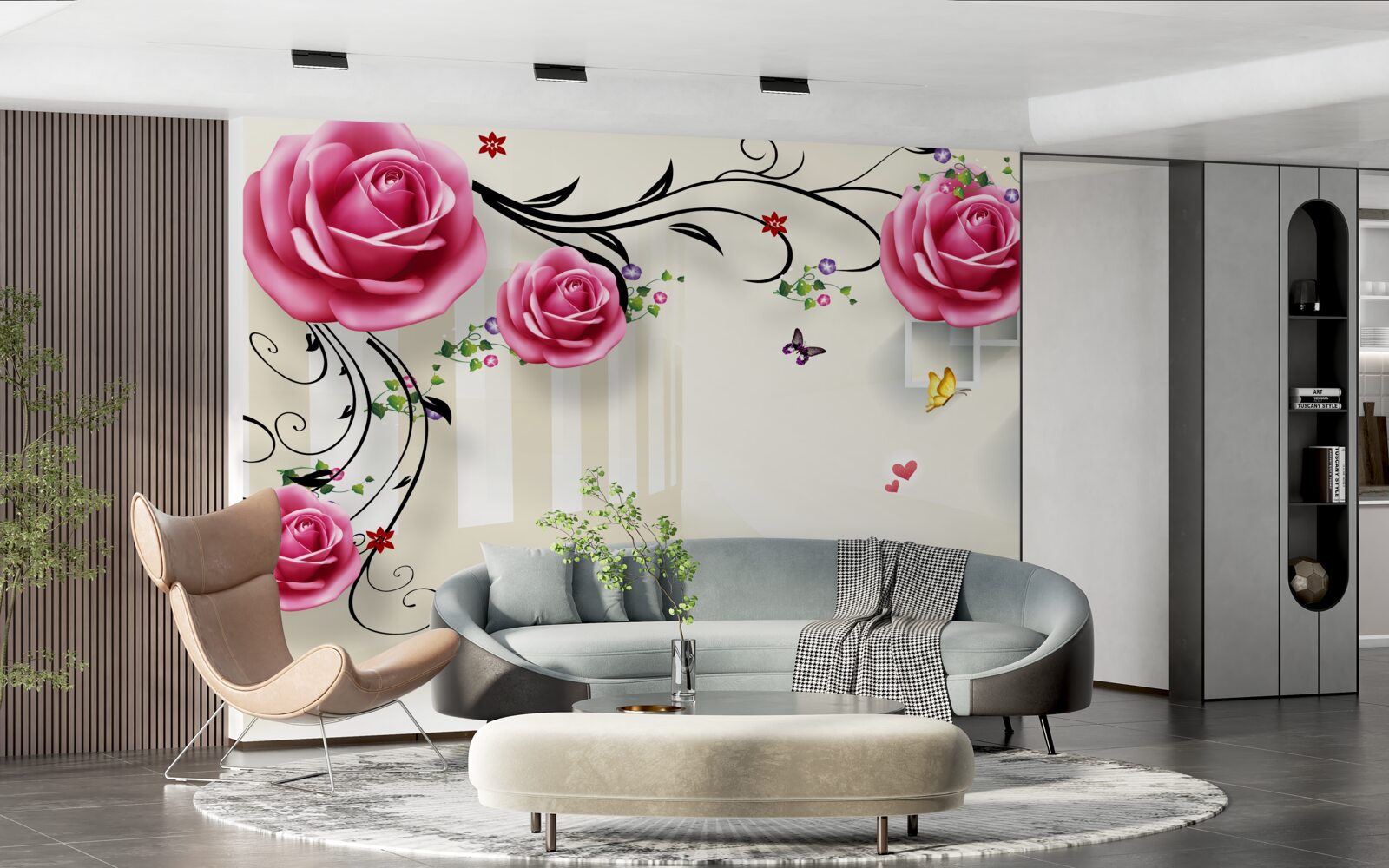 Fototapeta srebrne gałęzie z różowymi różami