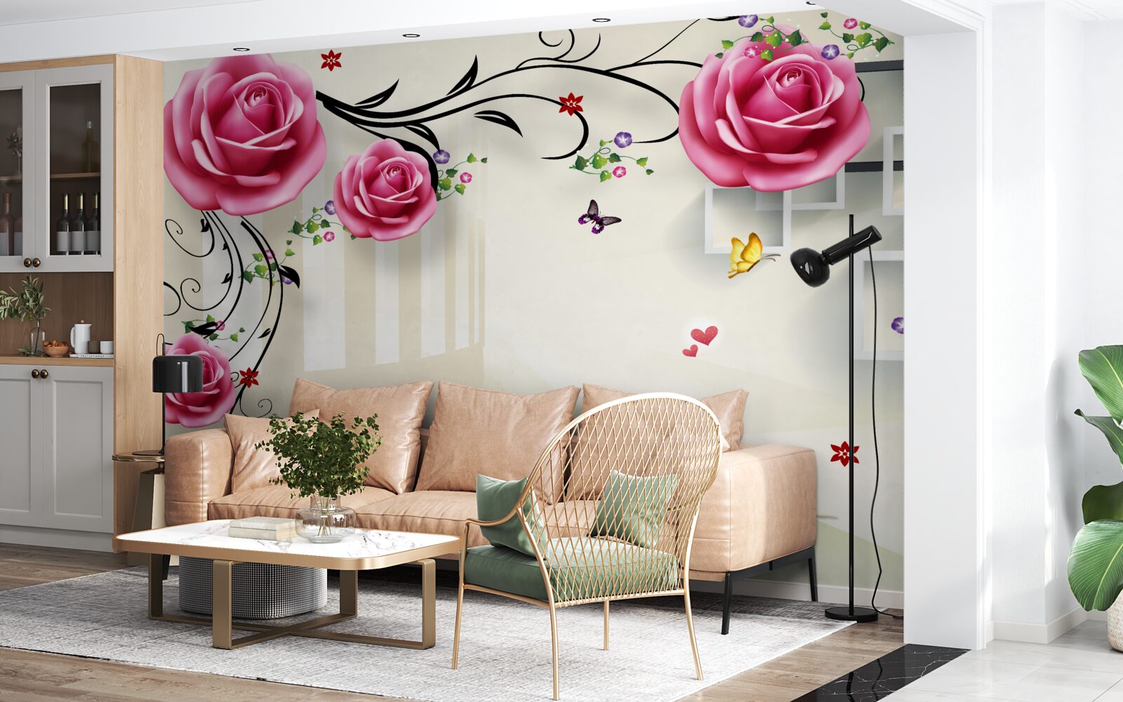 Fototapeta srebrne gałęzie z różowymi różami